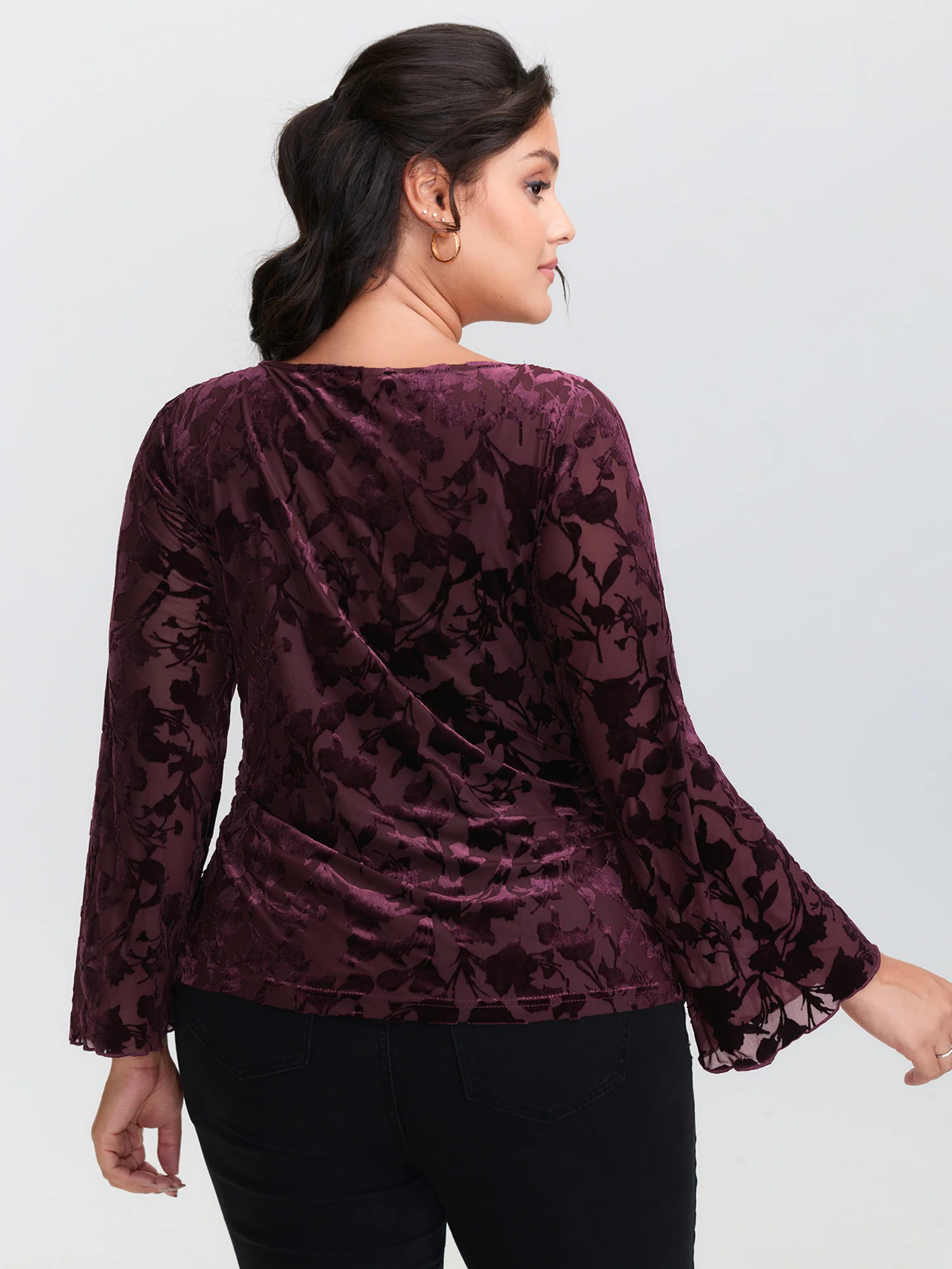 Floral Stretchy Sheer Mesh Cowl Neck Top - Image 5