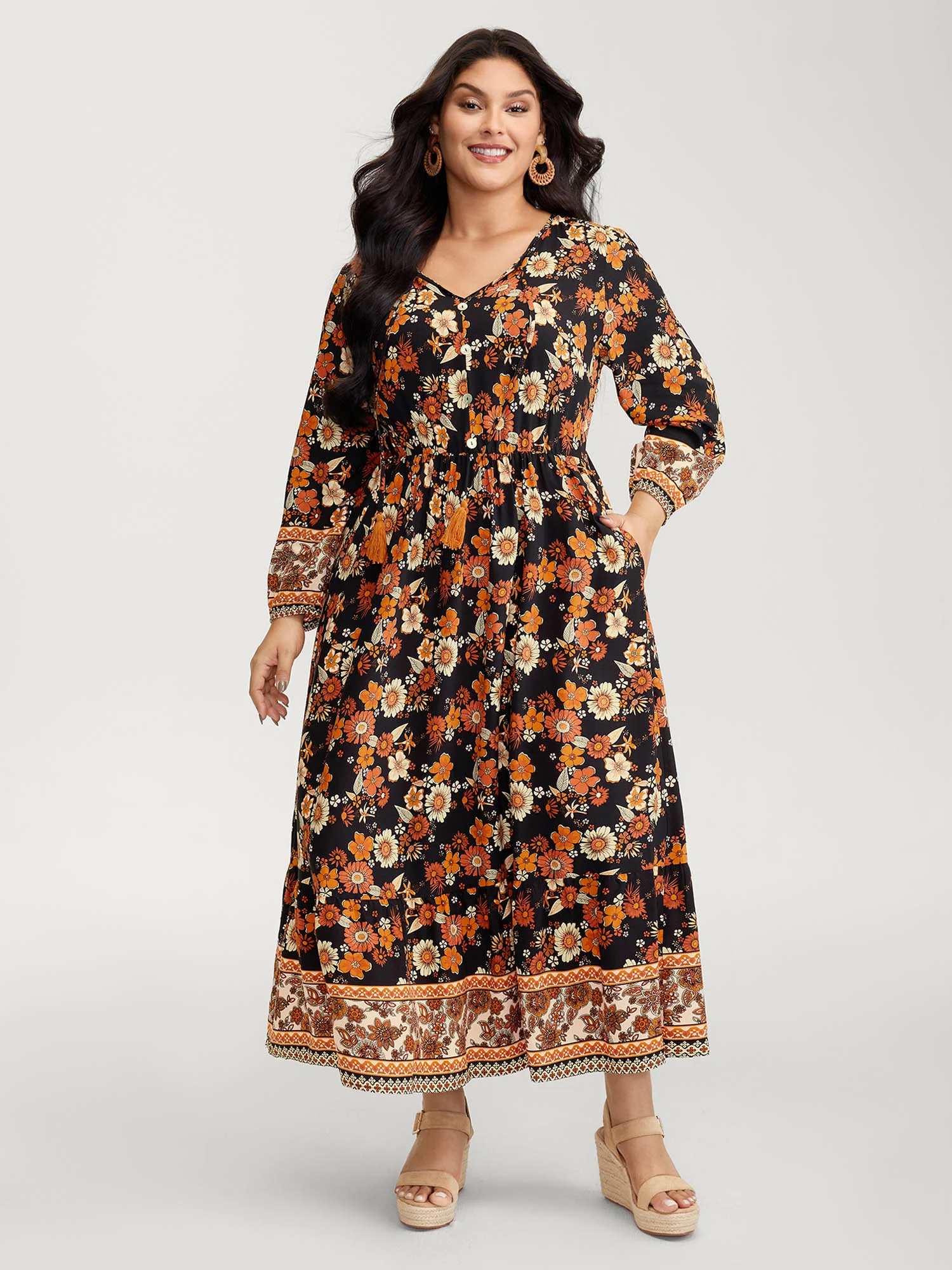 Floral Stretchy Waist Neck-Tie Maxi Dress - Image 3