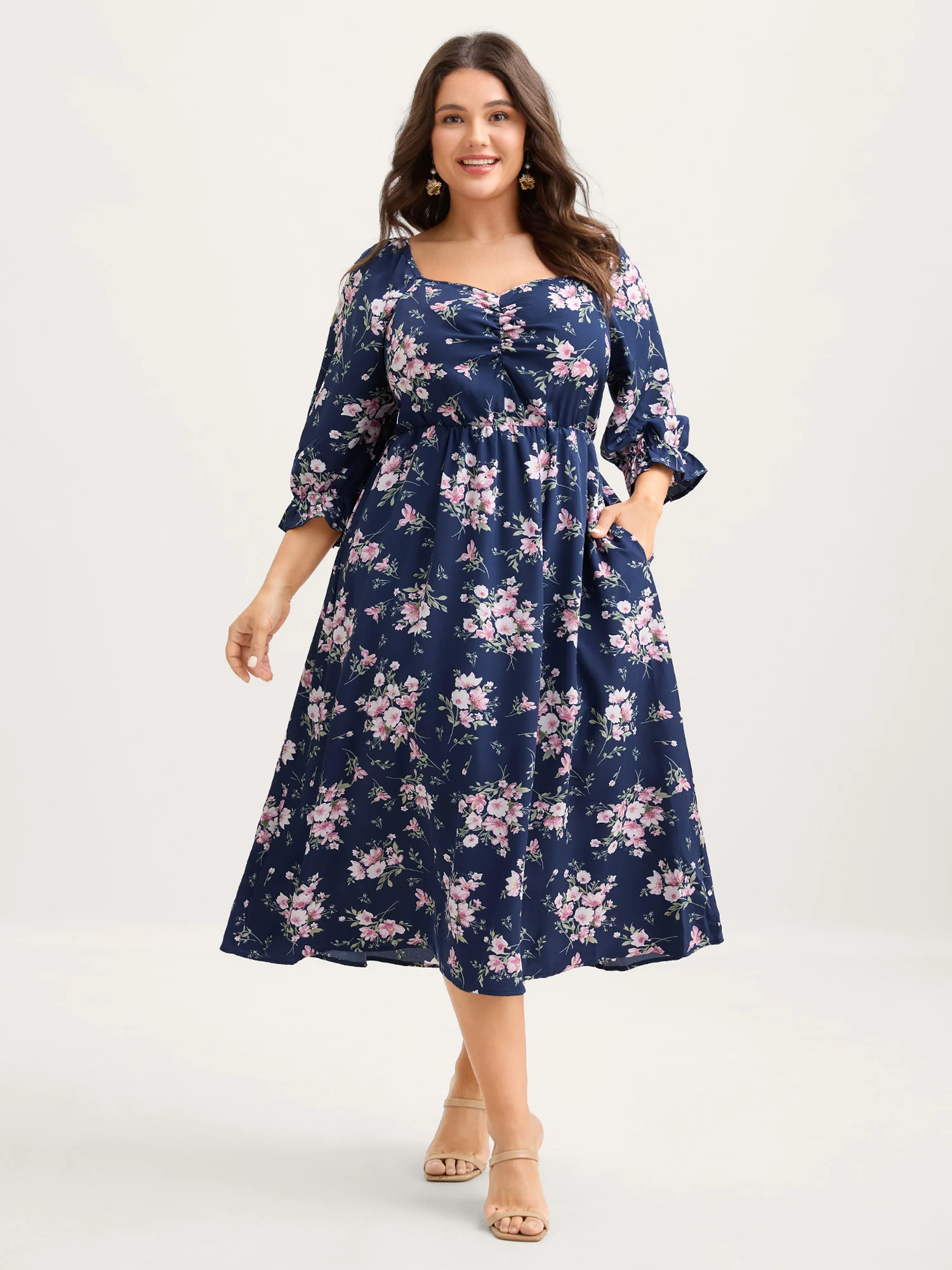 Floral Stretchy Waist Ruffled Midi Dress - Image 2