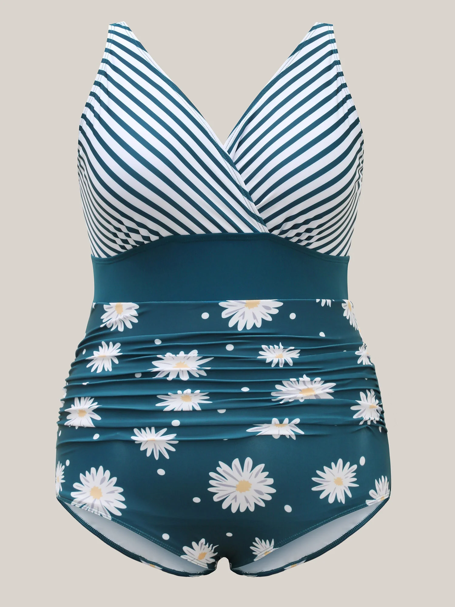 Floral Stripe Print Ruched One-Piece Swimsuit - Image 5