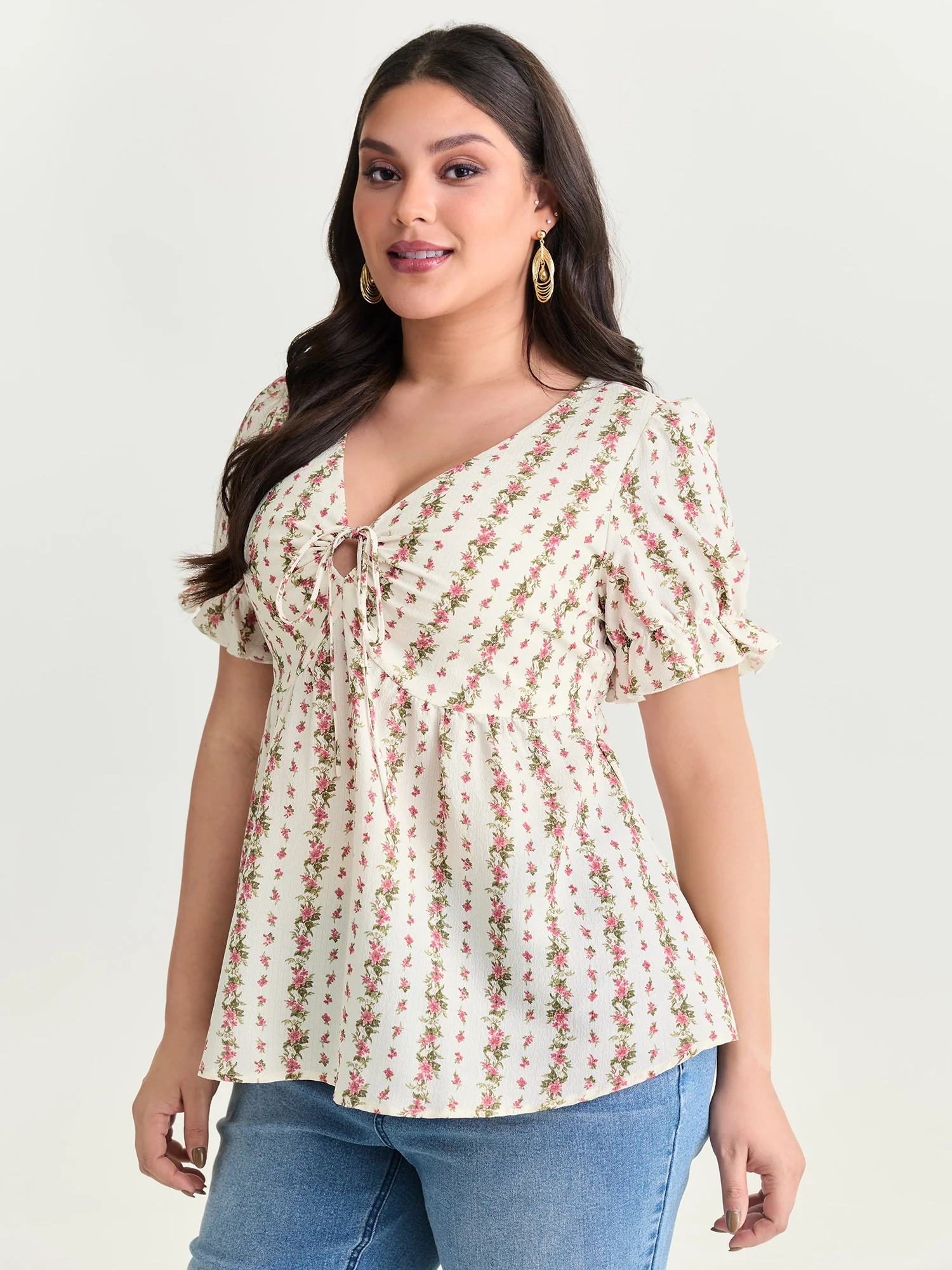 Floral Striped Adjustable Drawstring Blouse
