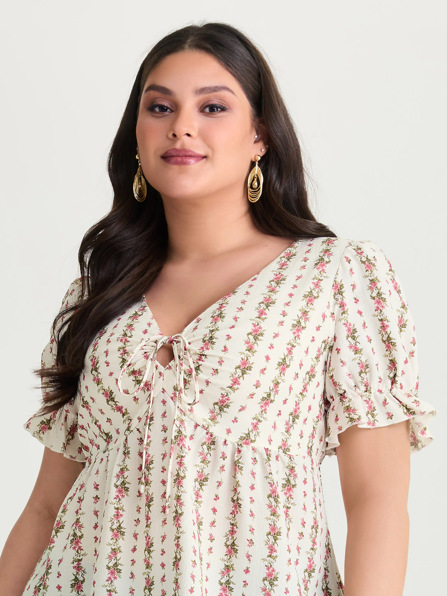 Floral Striped Adjustable Drawstring Blouse - Image 2