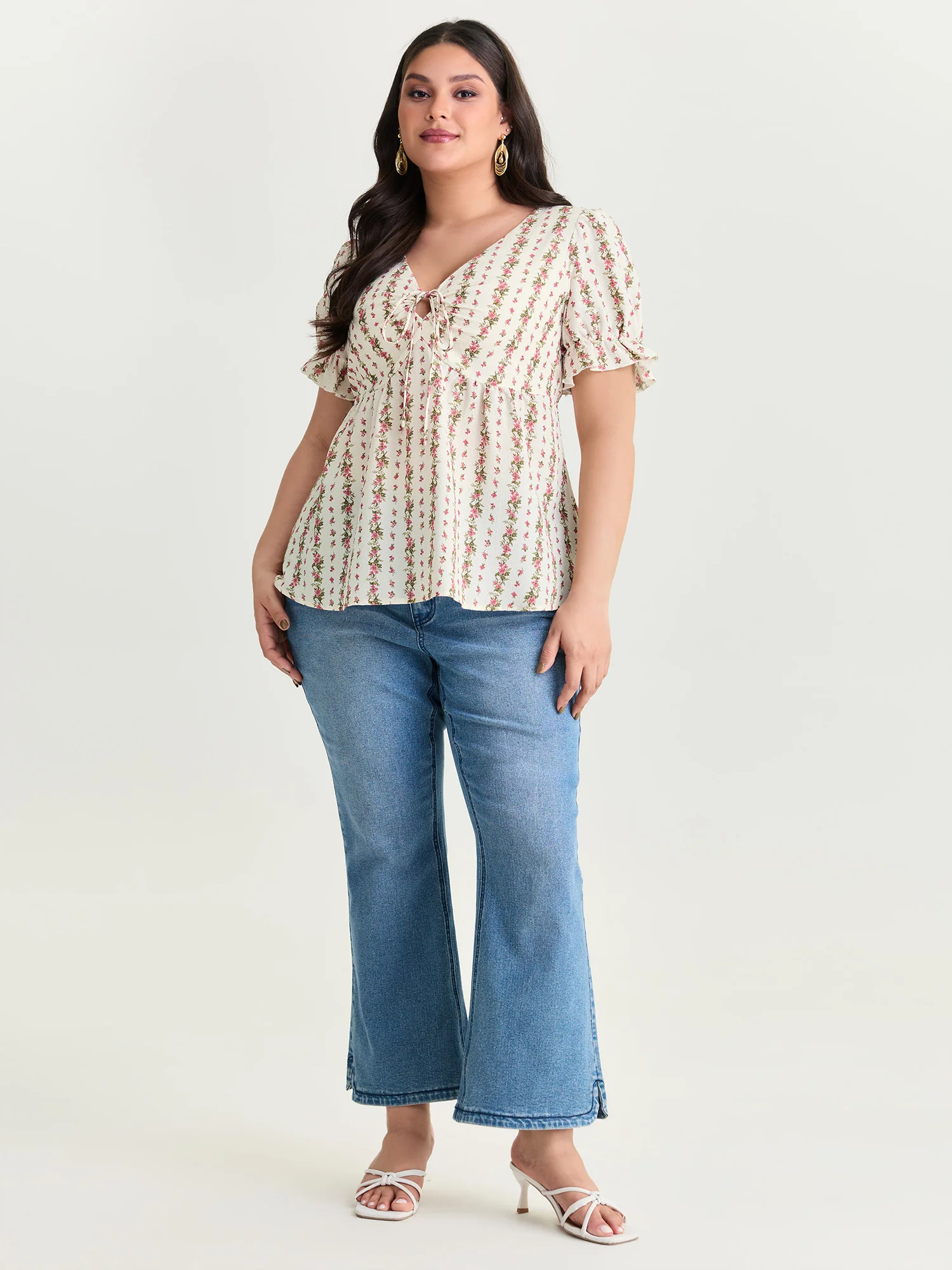 Floral Striped Adjustable Drawstring Blouse - Image 3