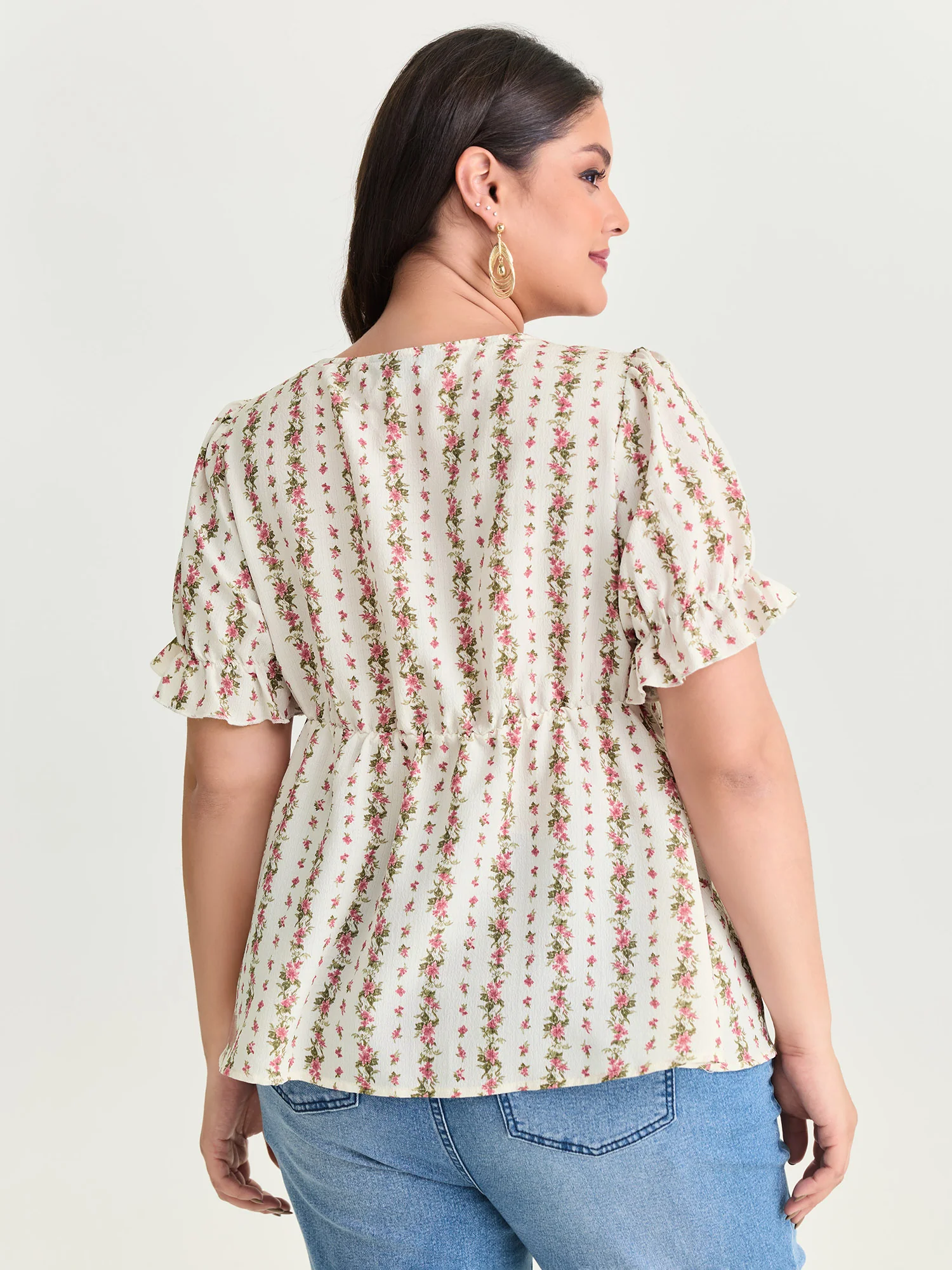 Floral Striped Adjustable Drawstring Blouse - Image 4