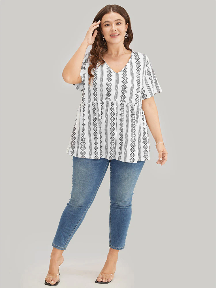 Floral & Striped Frill Trim Ruffle Hem T-shirt - Image 4