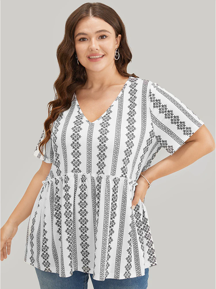 Floral & Striped Frill Trim Ruffle Hem T-shirt - Image 6