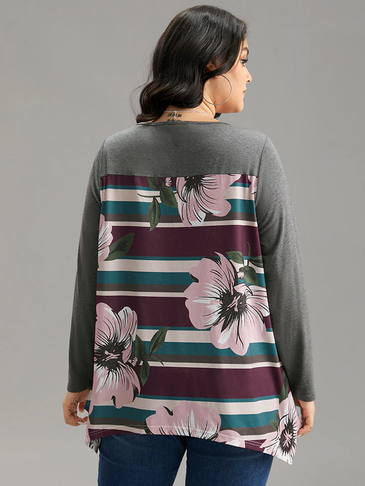 Floral Striped Patchwork Hanky Hem T-shirt - Image 2