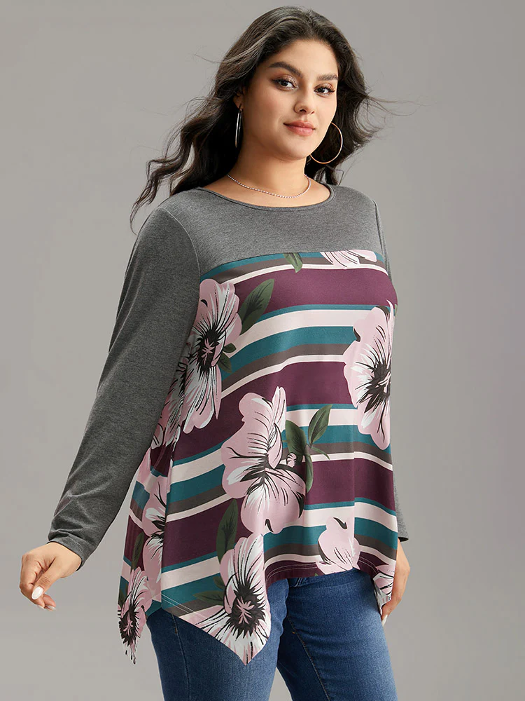 Floral Striped Patchwork Hanky Hem T-shirt - Image 3