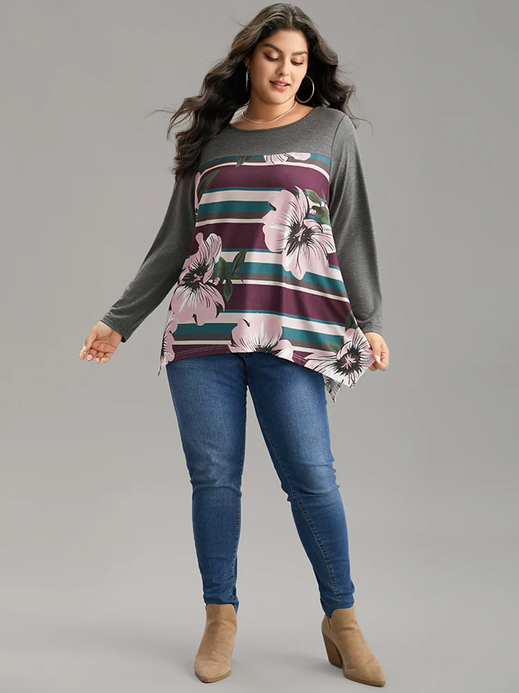 Floral Striped Patchwork Hanky Hem T-shirt - Image 5
