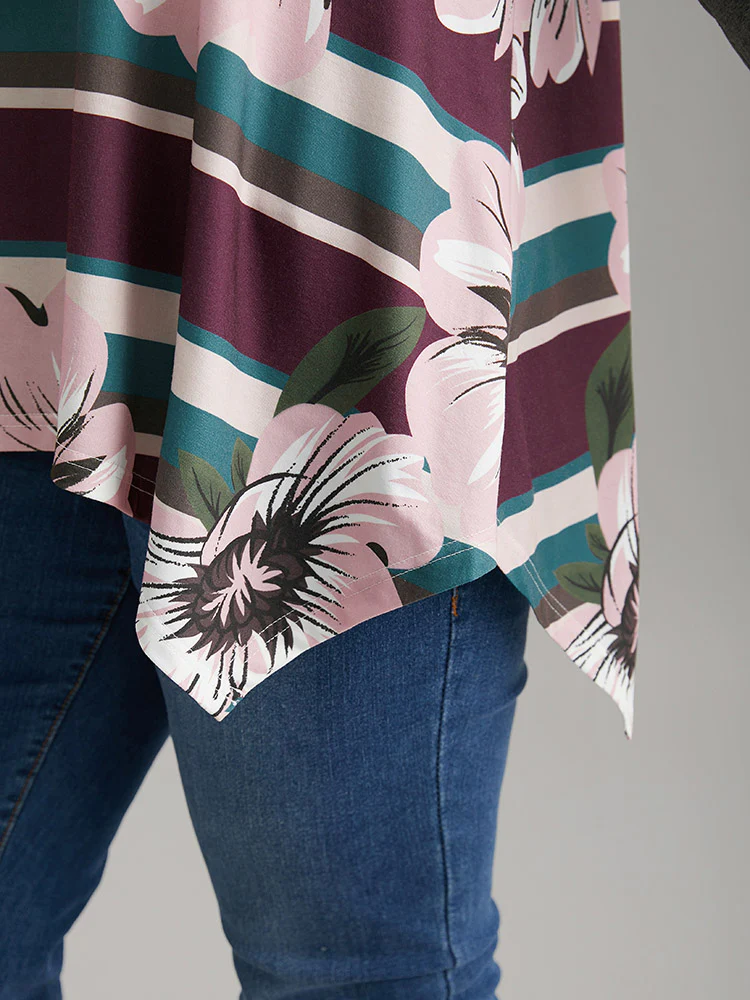 Floral Striped Patchwork Hanky Hem T-shirt - Image 6