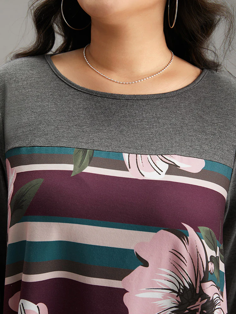 Floral Striped Patchwork Hanky Hem T-shirt - Image 7