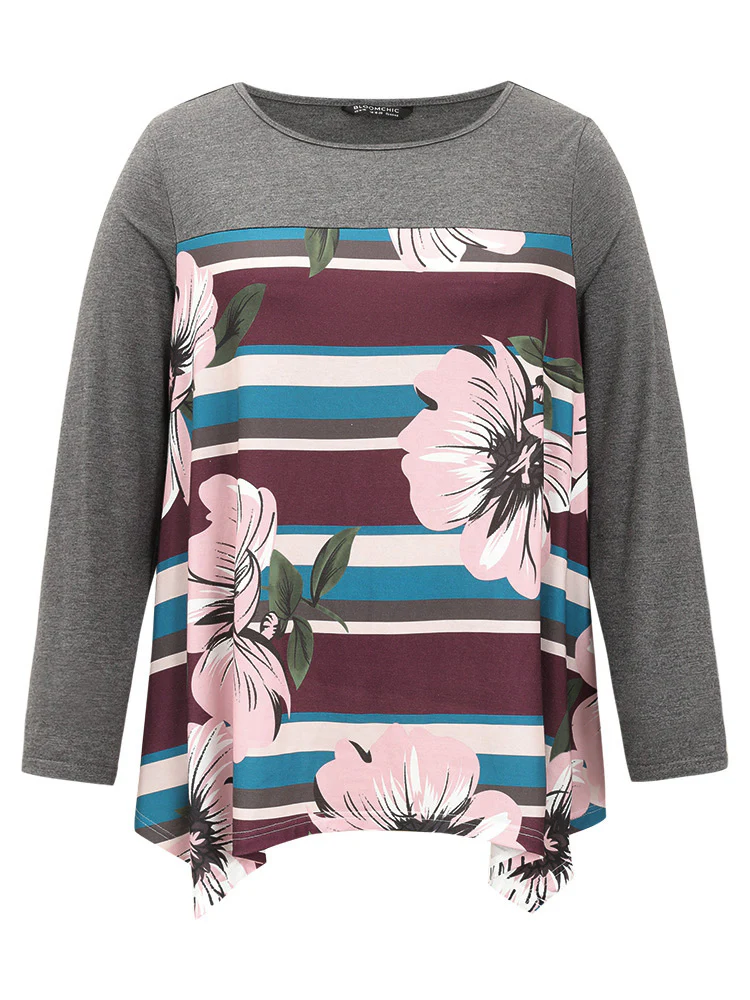 Floral Striped Patchwork Hanky Hem T-shirt - Image 8