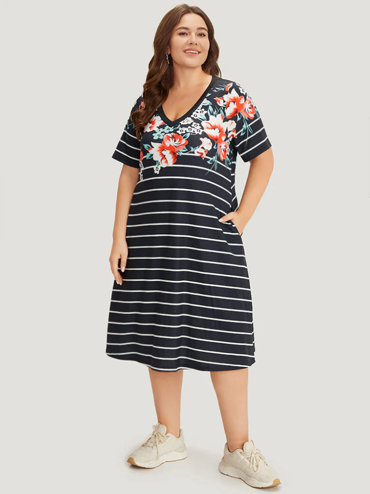 Floral & Striped Print Pocket V Neck Dress - Image 2