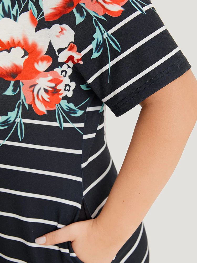 Floral & Striped Print Pocket V Neck Dress - Image 6