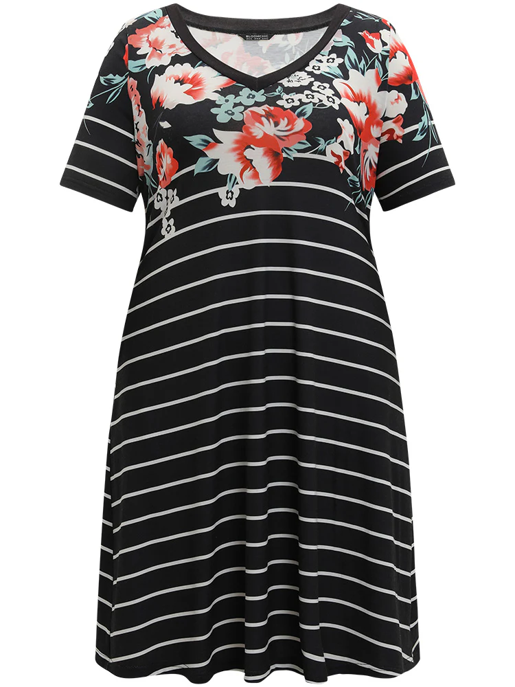 Floral & Striped Print Pocket V Neck Dress - Image 7