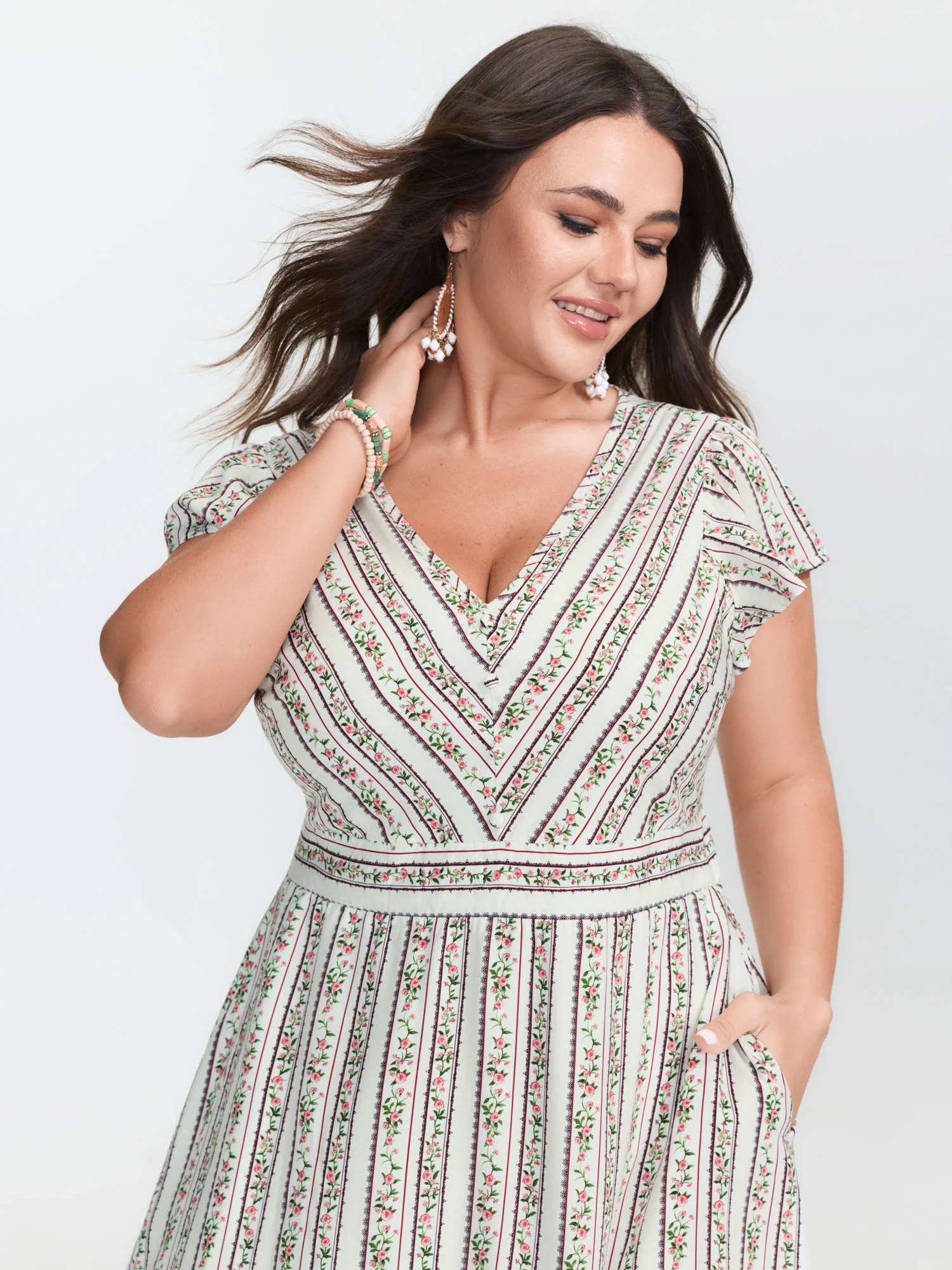 Floral Striped Print Pockets V-Neck Mini Dress - Image 2