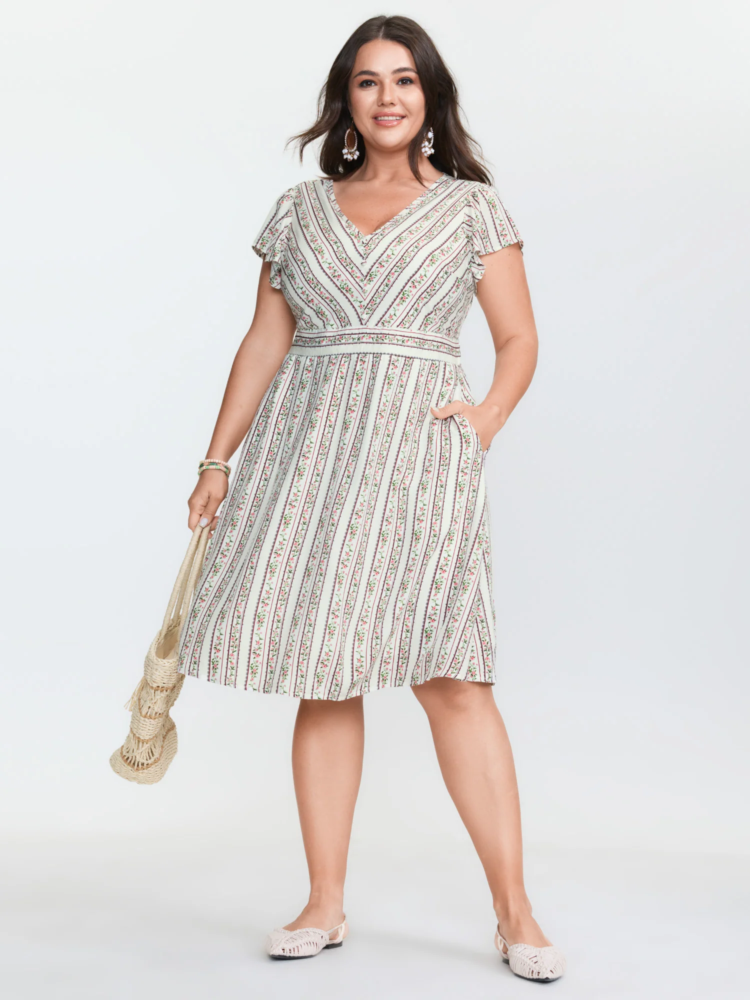 Floral Striped Print Pockets V-Neck Mini Dress - Image 3