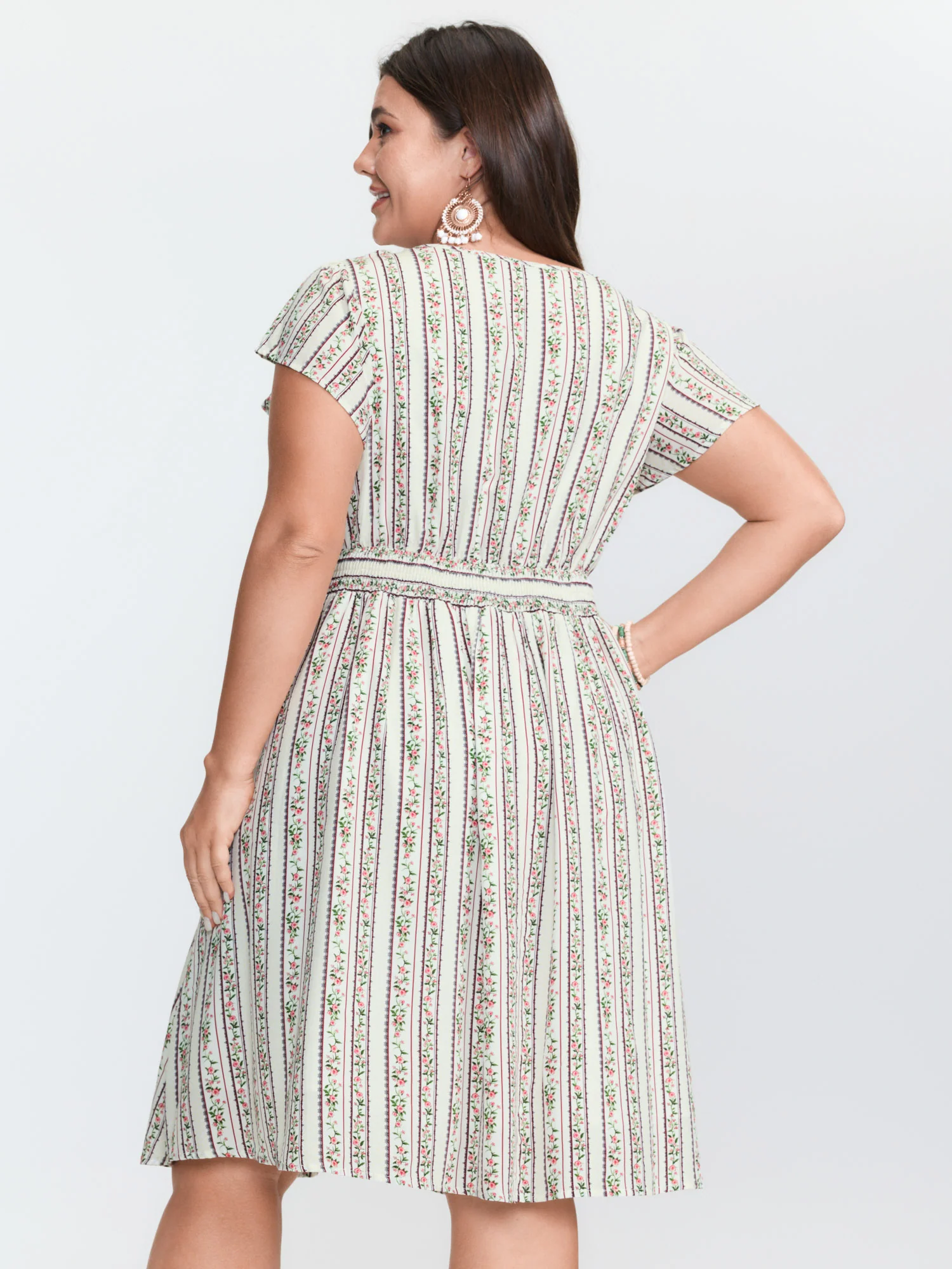 Floral Striped Print Pockets V-Neck Mini Dress - Image 4