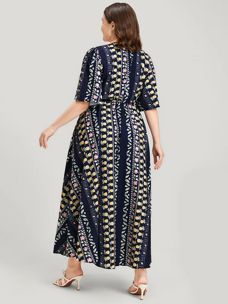 Floral Striped Ruffles Split Pocket Wrap Maxi Dress - Image 2