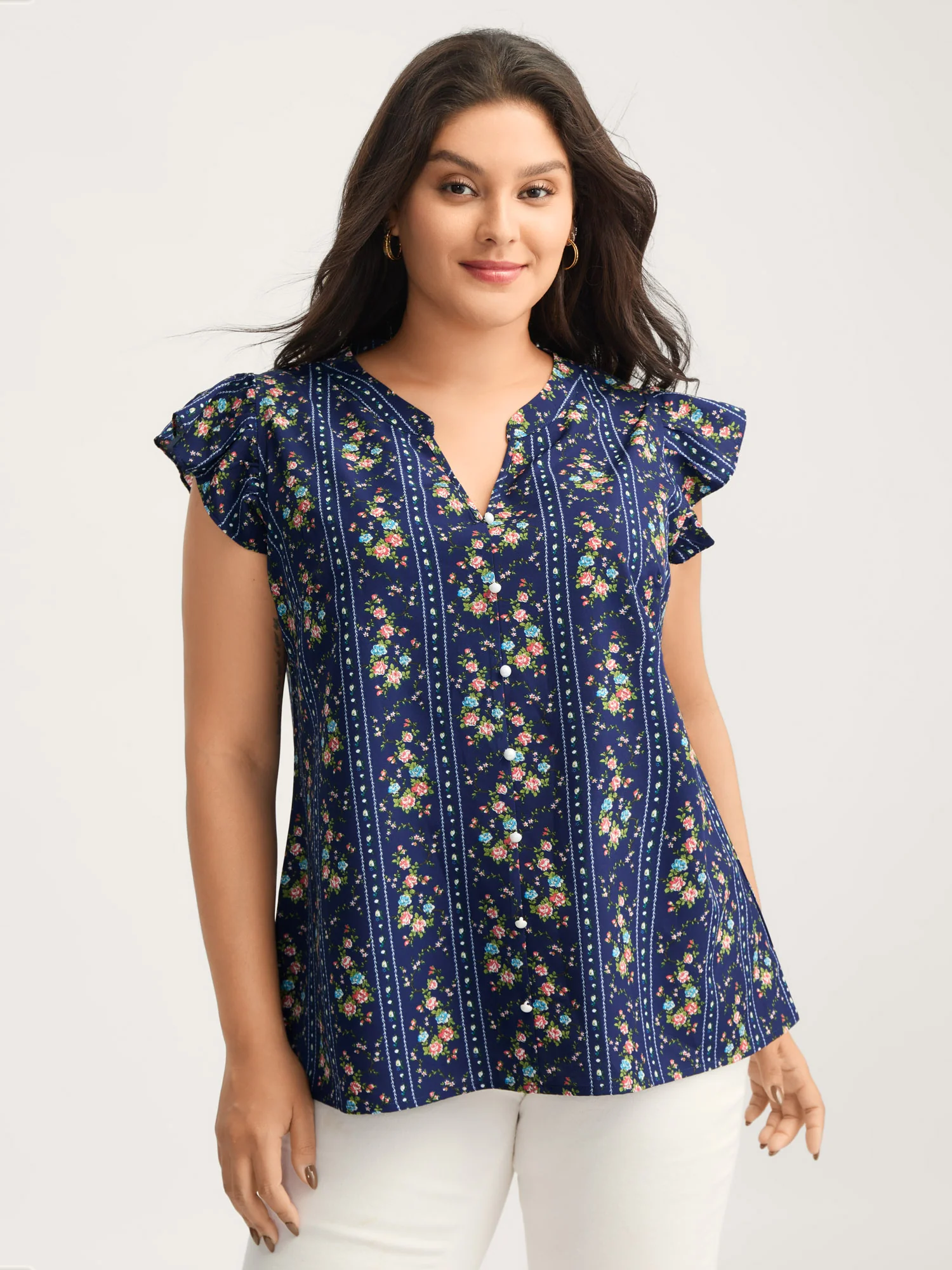 Floral Stripes Flutter Sleeve Blouse - Image 2