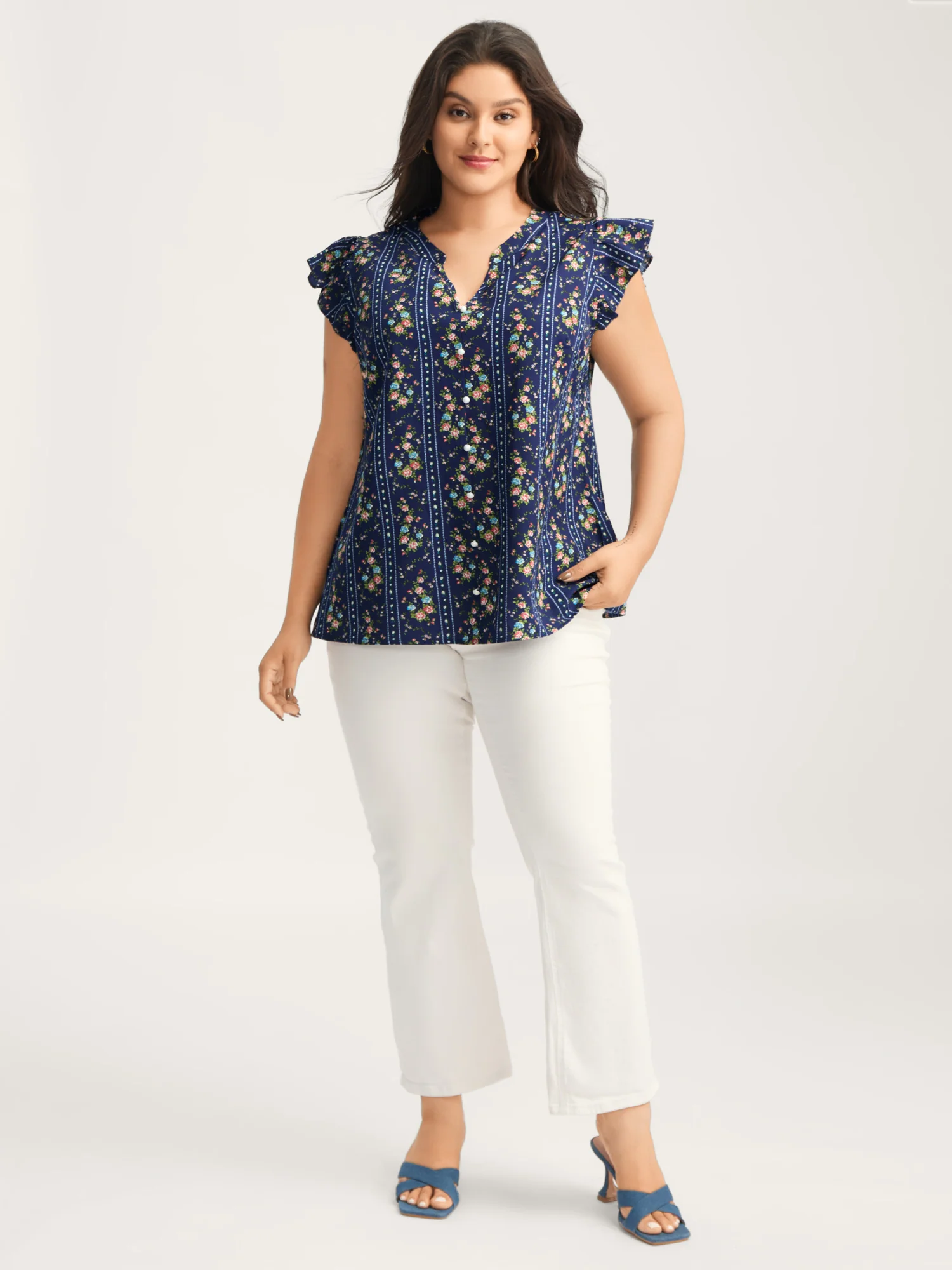 Floral Stripes Flutter Sleeve Blouse - Image 3