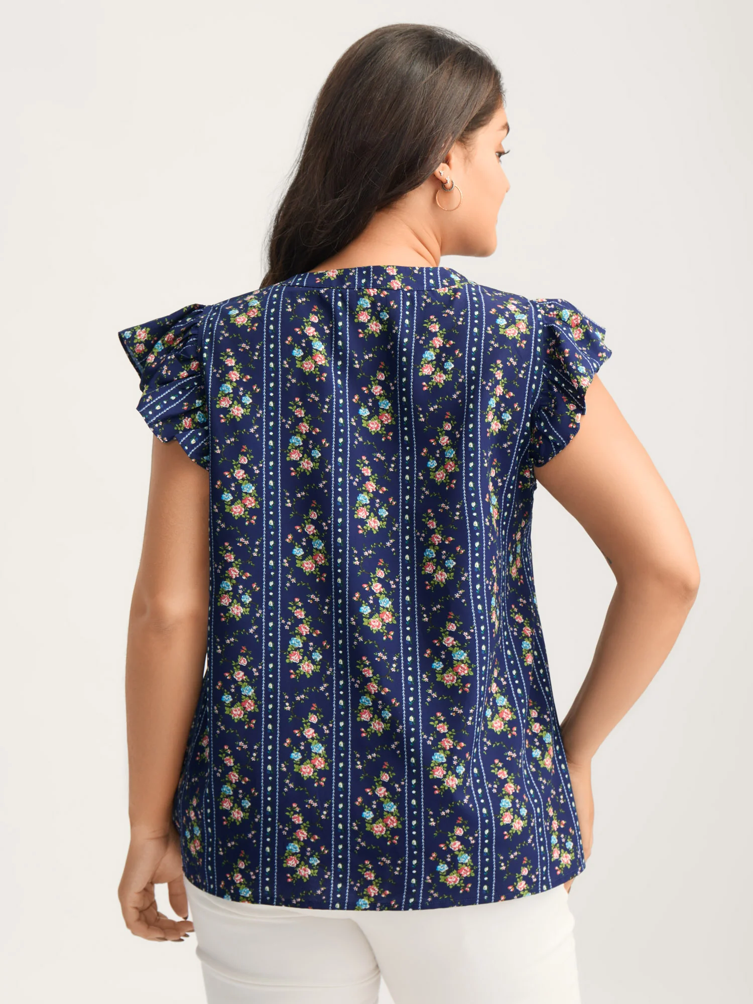 Floral Stripes Flutter Sleeve Blouse - Image 4