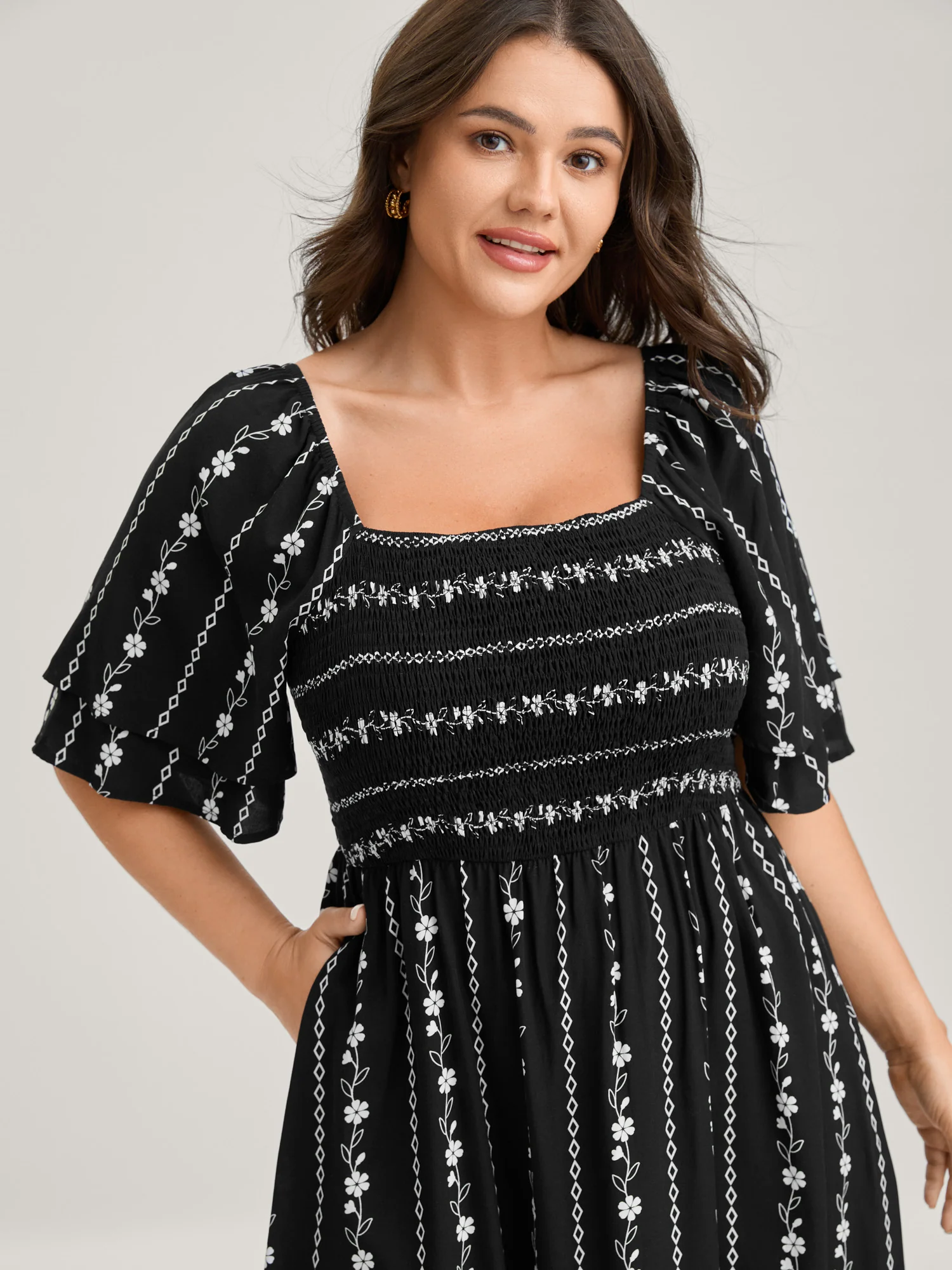 Floral Stripes Layered Ruffle Sleeve Midi Dress - Image 2