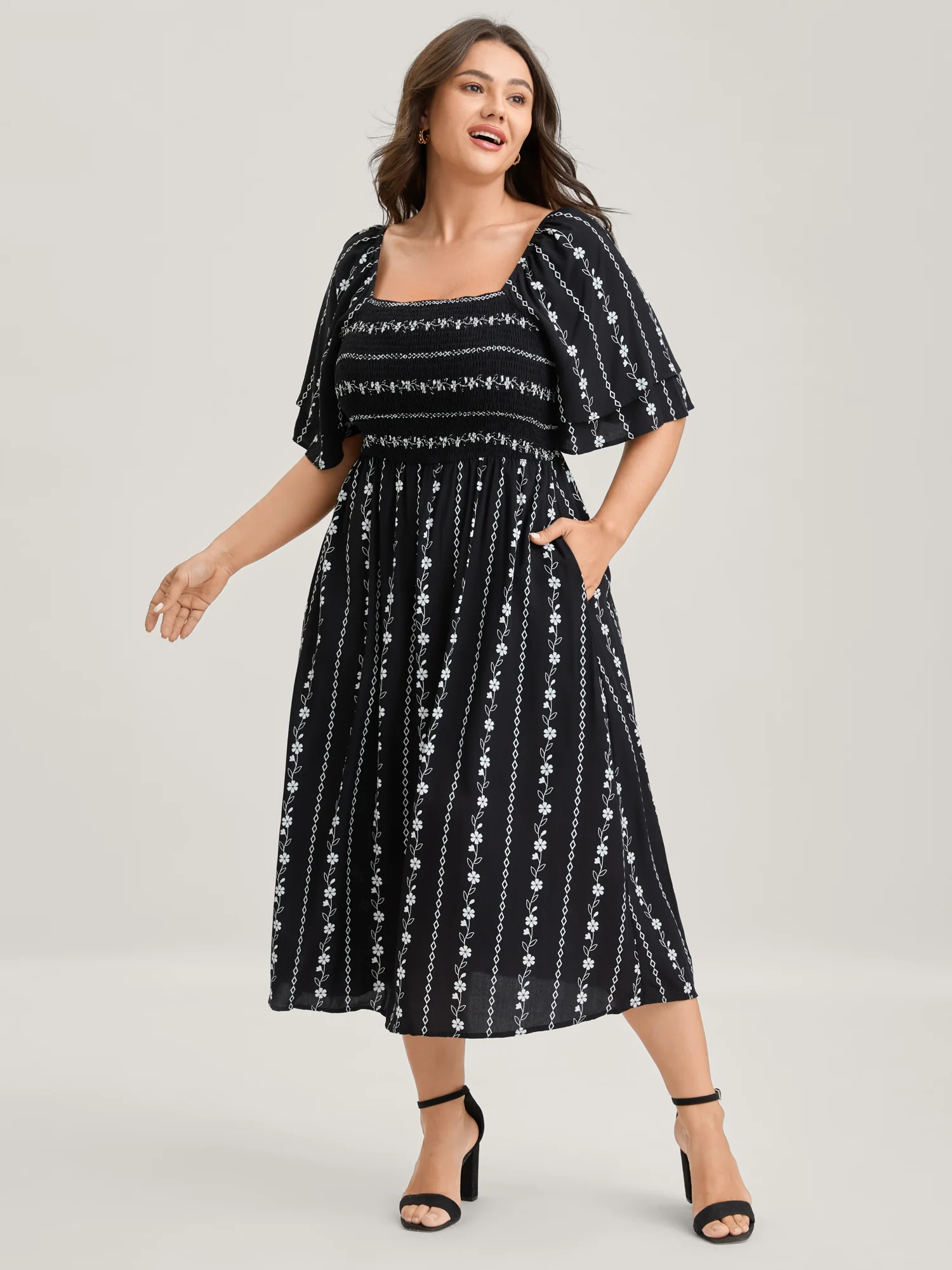 Floral Stripes Layered Ruffle Sleeve Midi Dress - Image 3