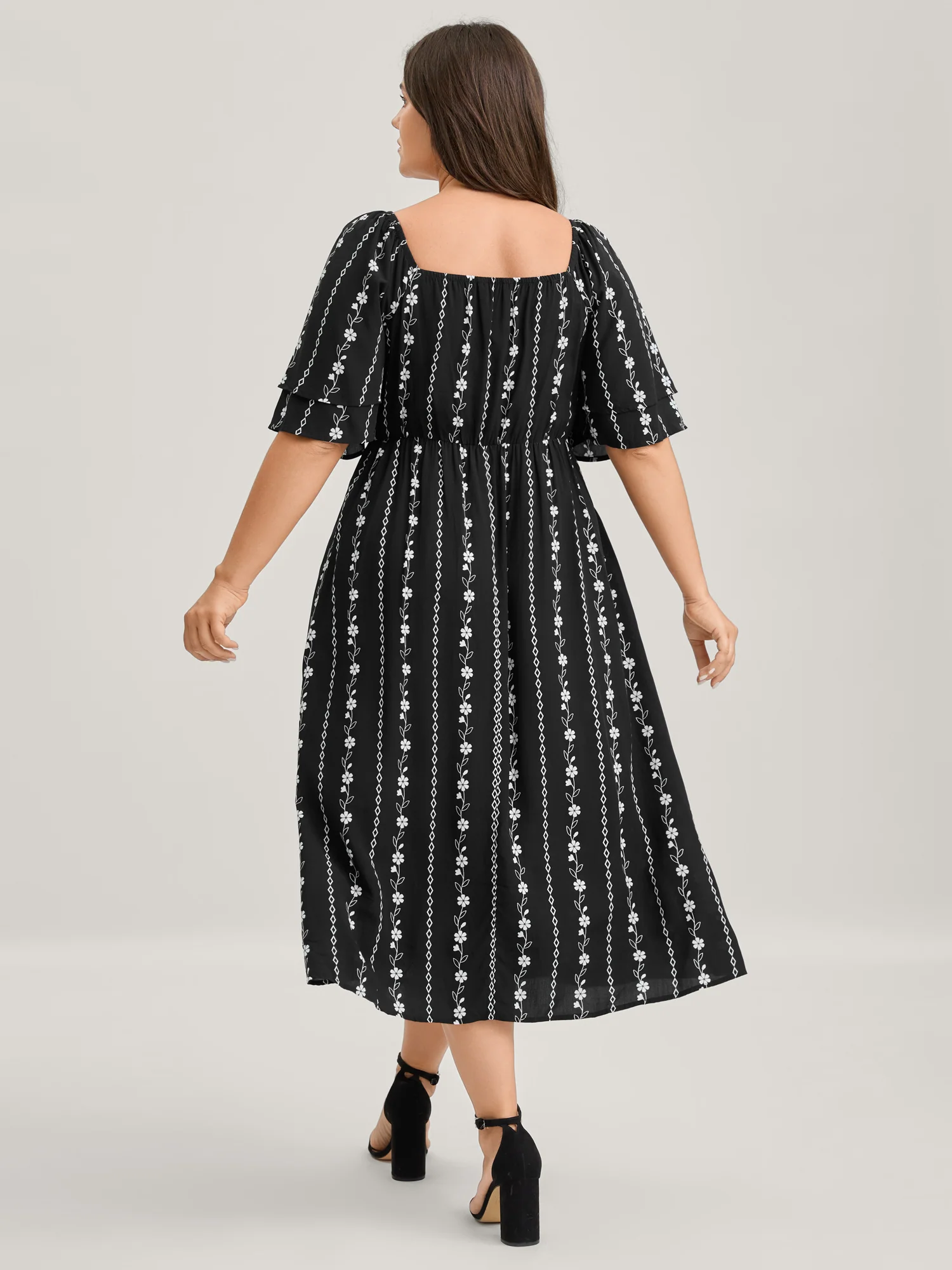 Floral Stripes Layered Ruffle Sleeve Midi Dress - Image 4