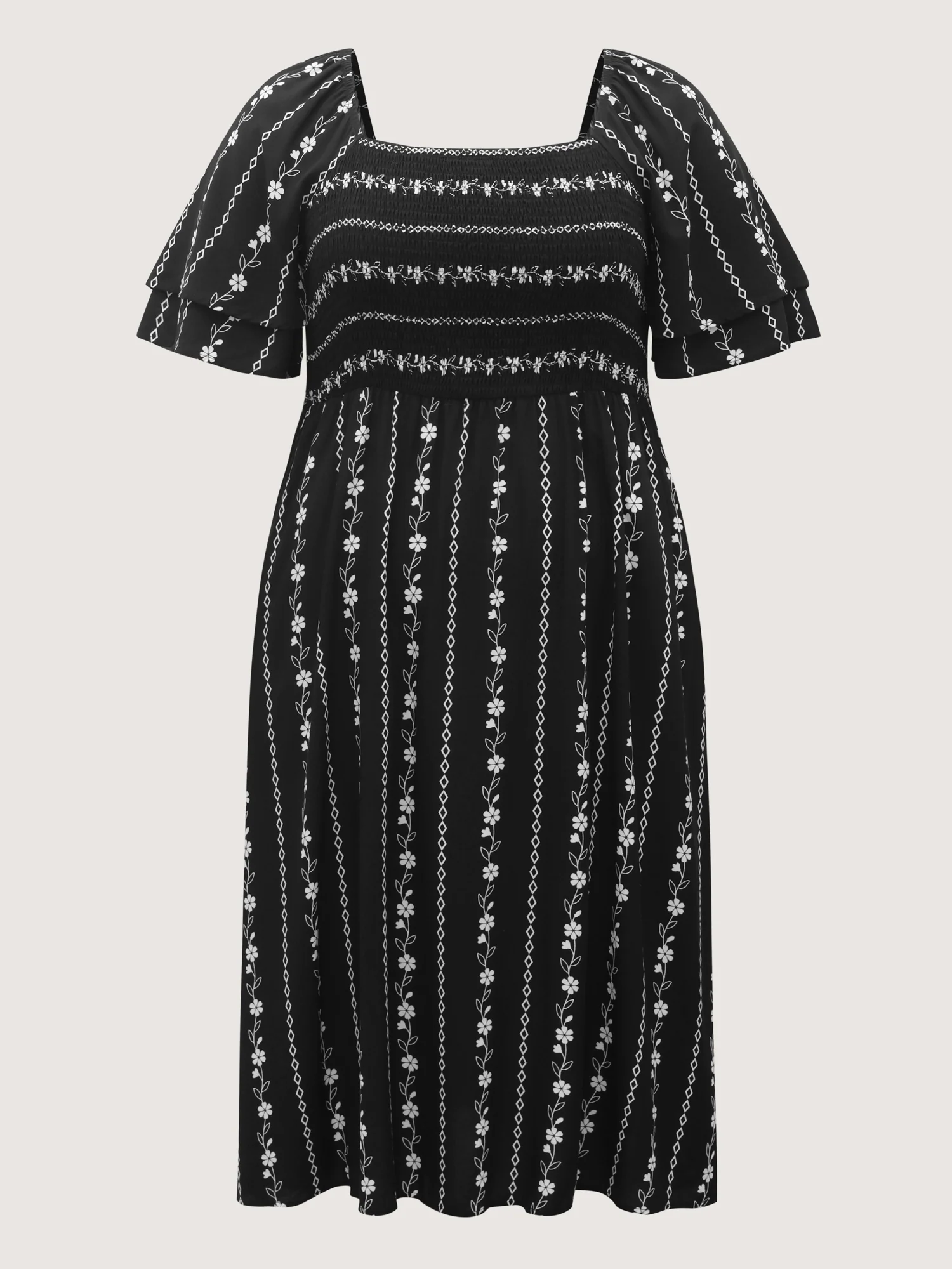 Floral Stripes Layered Ruffle Sleeve Midi Dress - Image 7