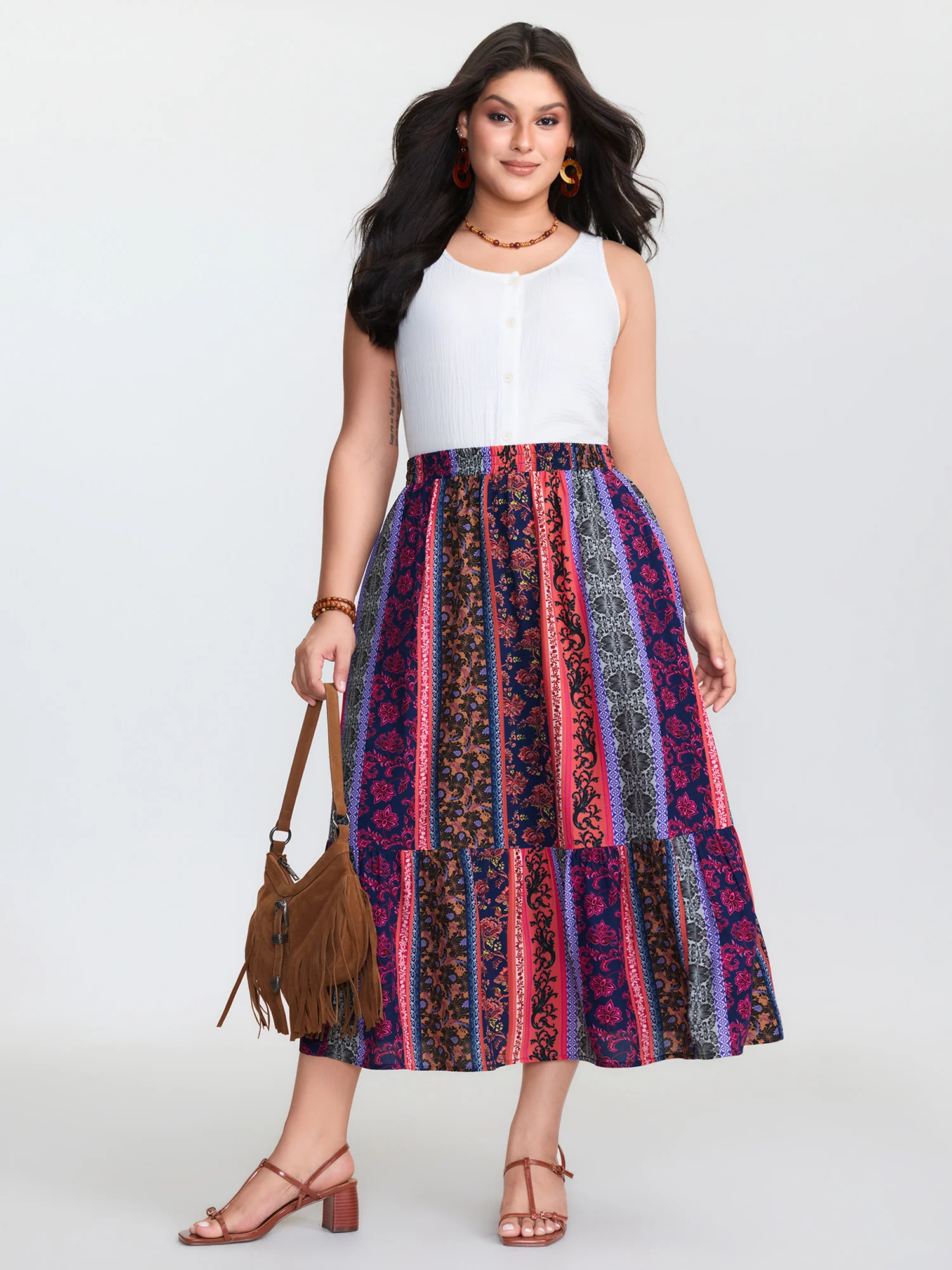 Floral Stripes Tiered Maxi Skirt - Image 2