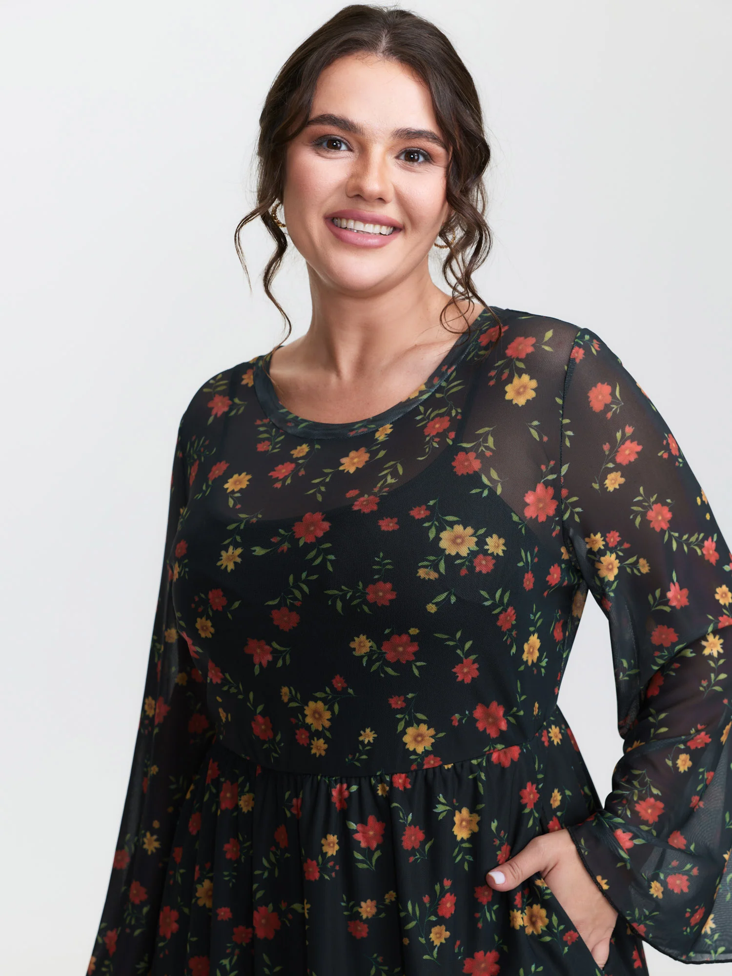 Floral Super Stretchy Mesh Sheer Pockets Midi Dress - Image 2