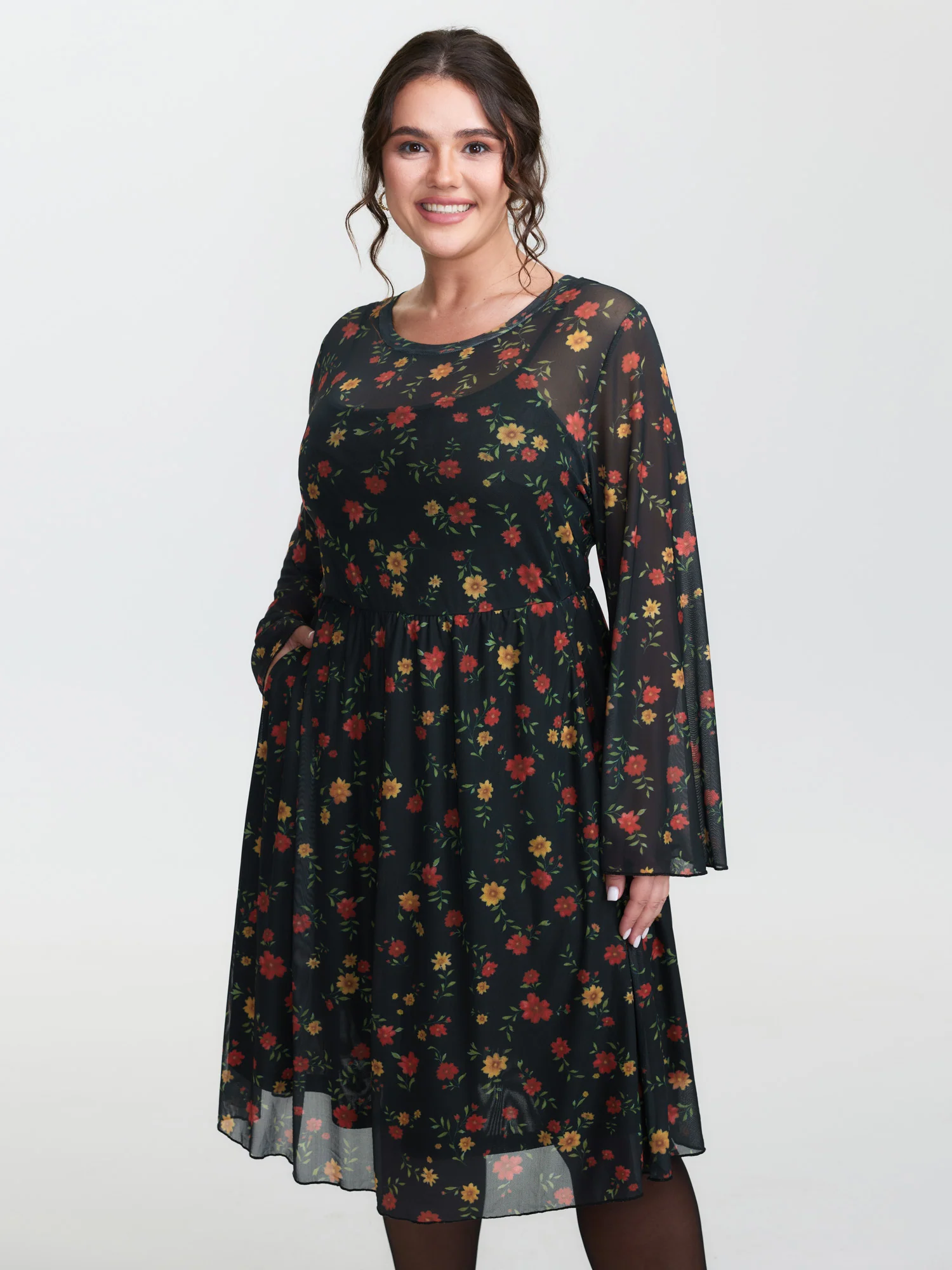 Floral Super Stretchy Mesh Sheer Pockets Midi Dress - Image 3