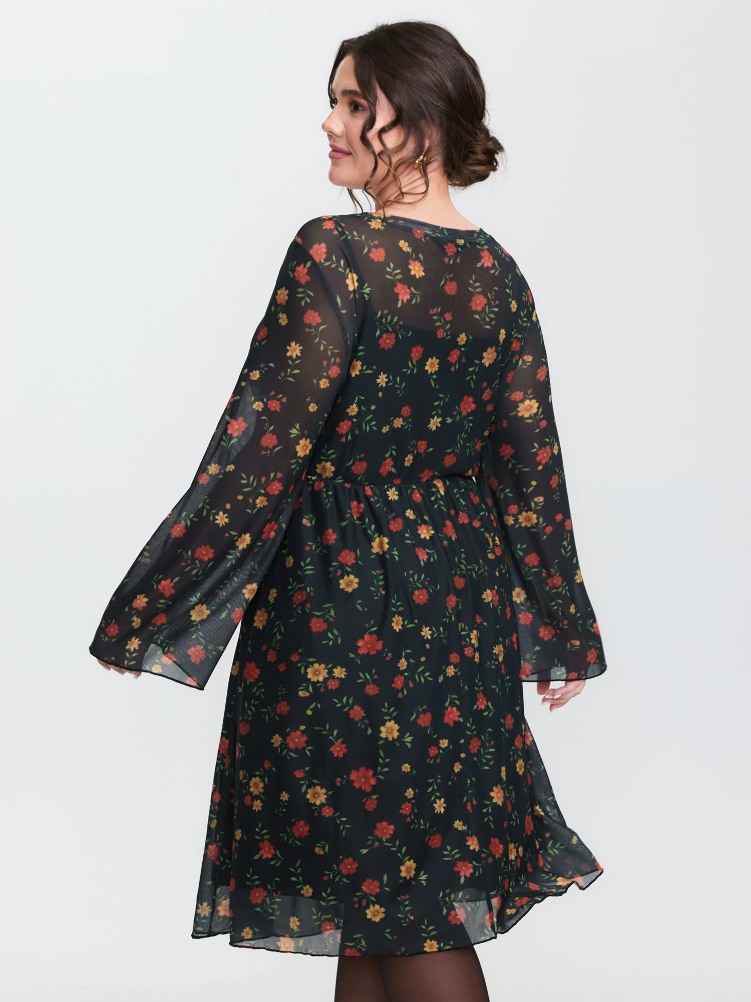 Floral Super Stretchy Mesh Sheer Pockets Midi Dress - Image 4