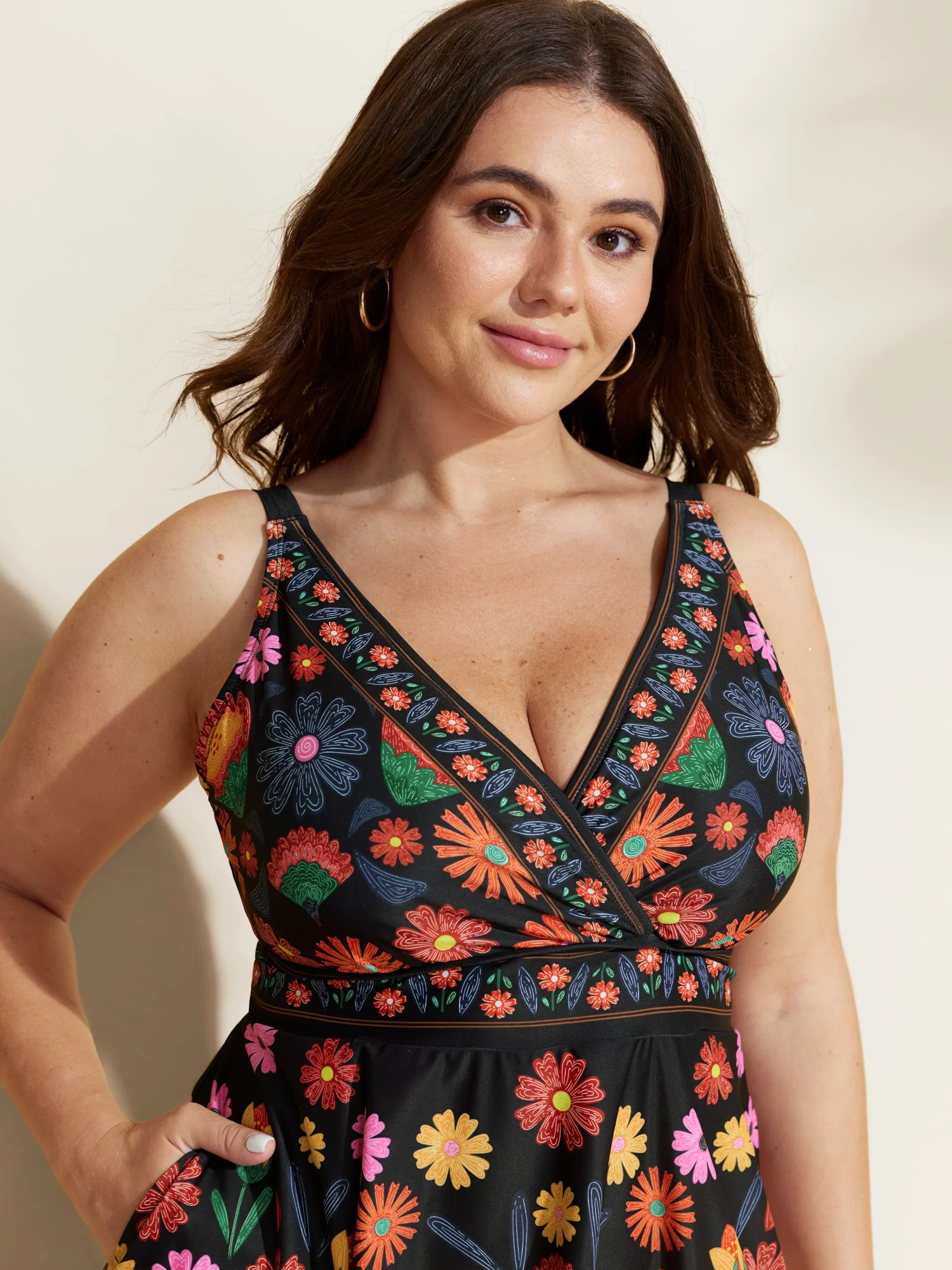 Floral Surplice Neckline Pockets Swim Dress - Image 13