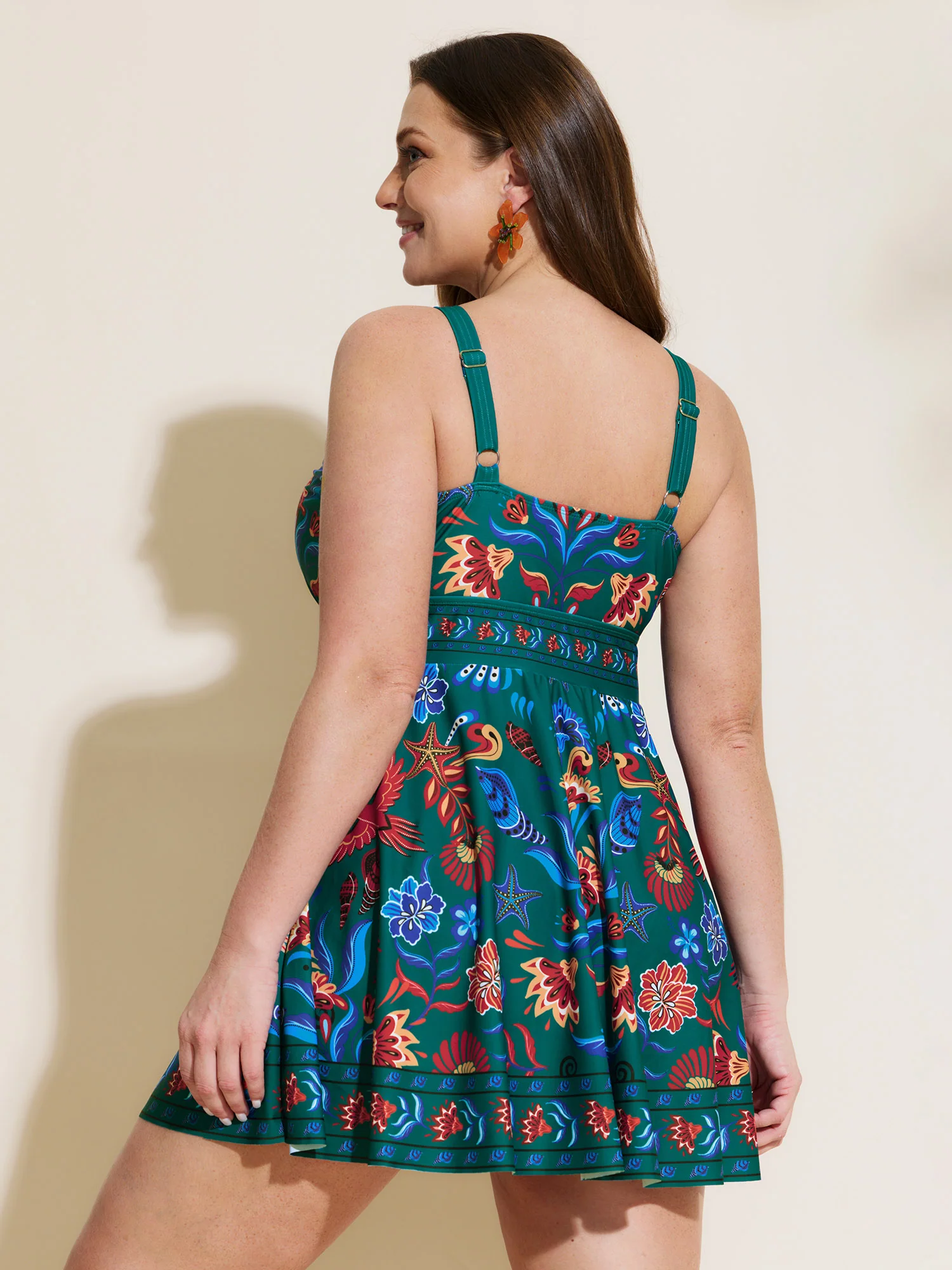 Floral Surplice Neckline Pockets Swim Dress - Image 21