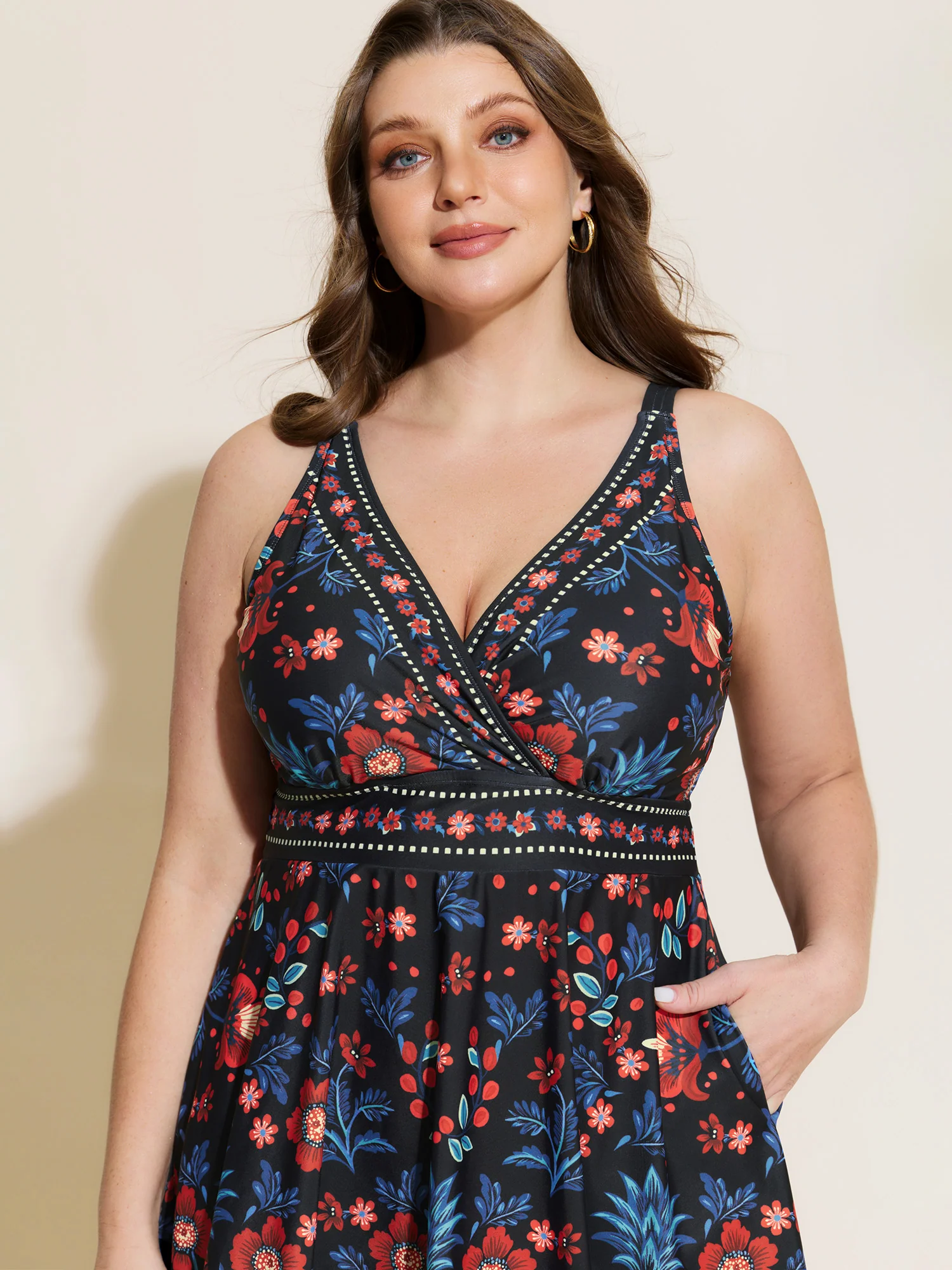 Floral Surplice Neckline Pockets Swim Dress - Image 28