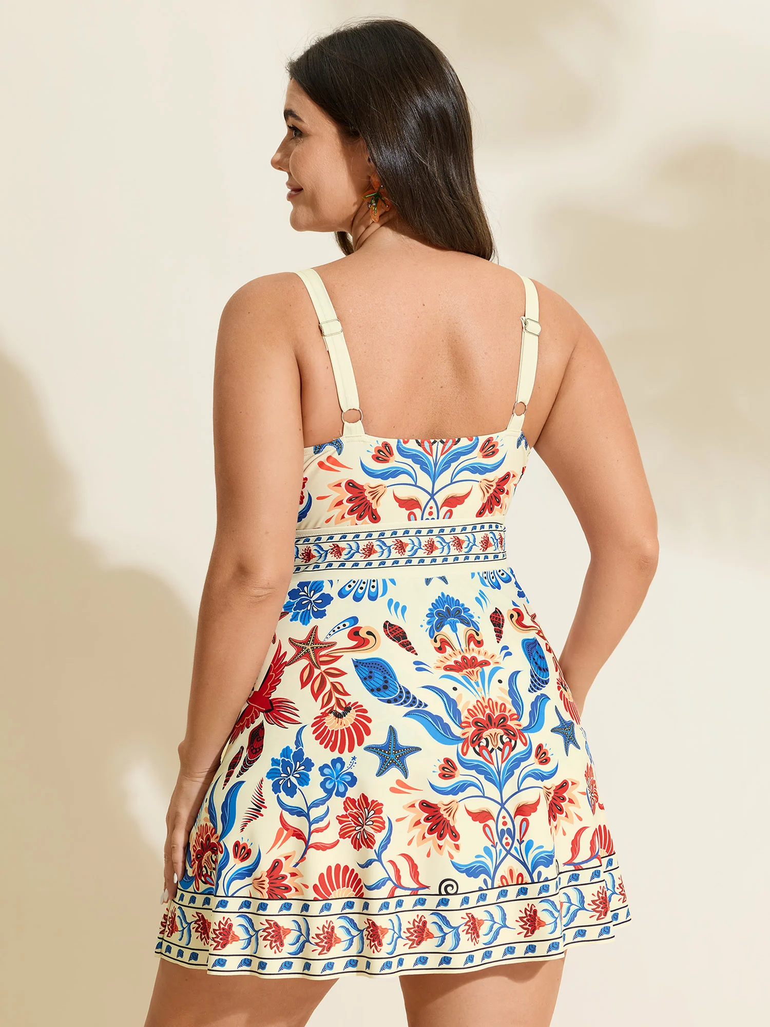 Floral Surplice Neckline Pockets Swim Dress - Image 35