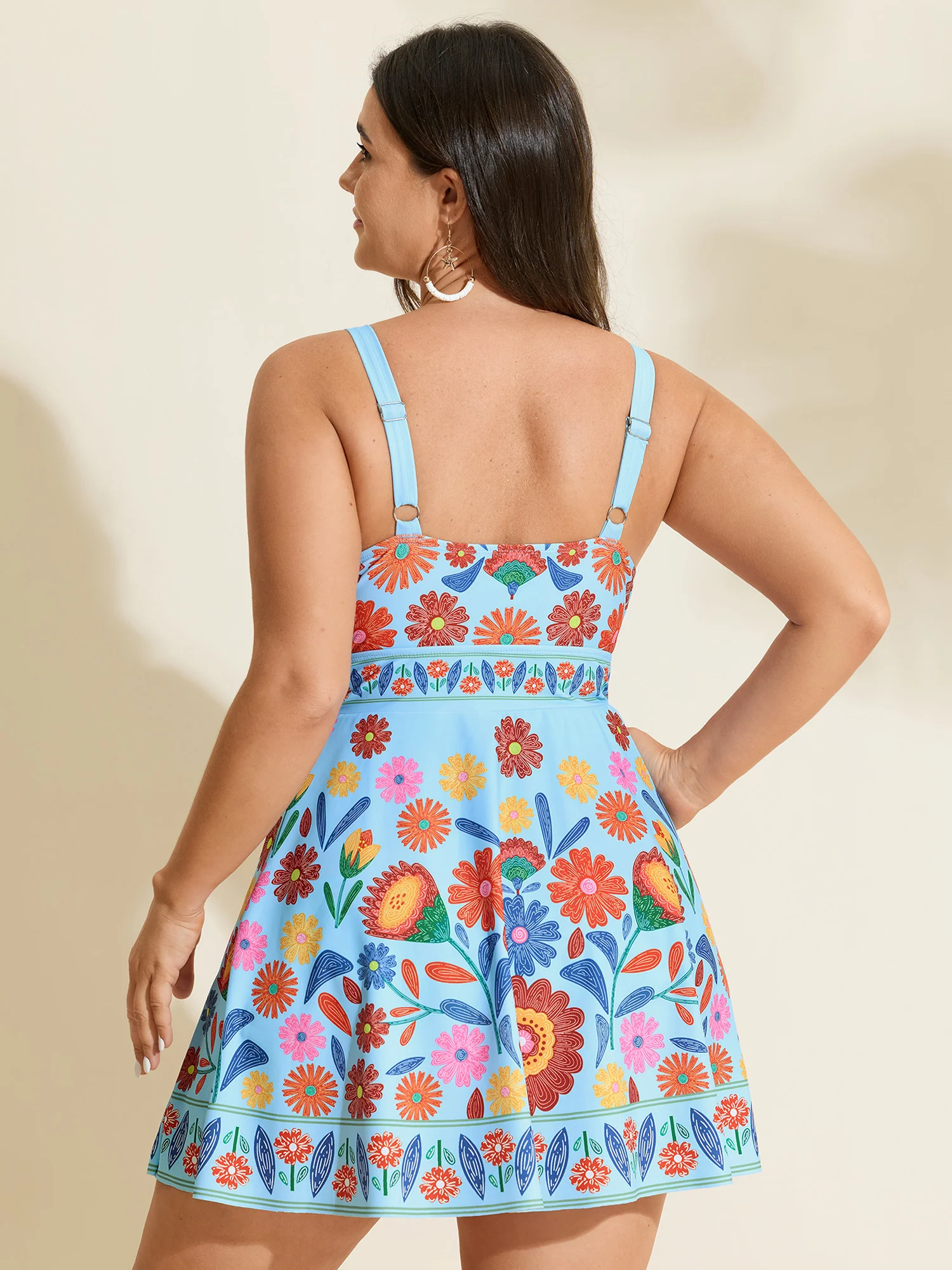 Floral Surplice Neckline Pockets Swim Dress - Image 40