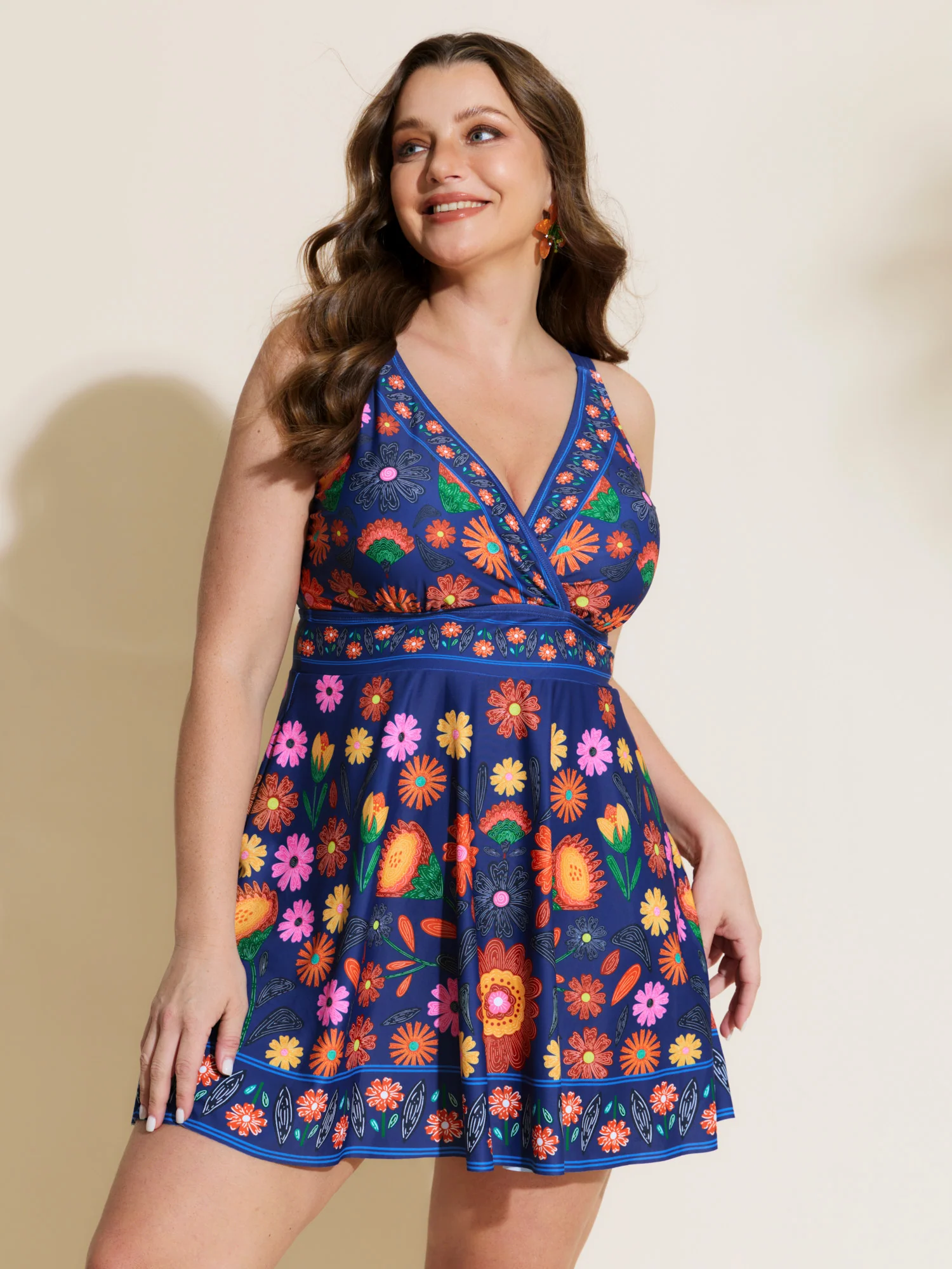 Floral Surplice Neckline Pockets Swim Dress - Image 46