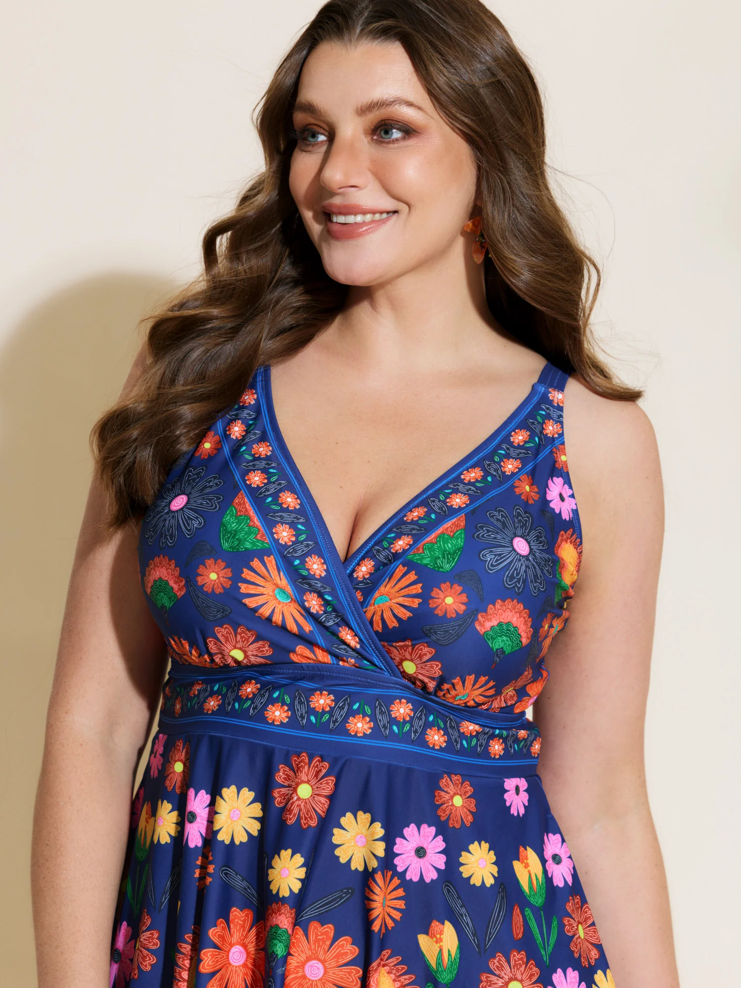 Floral Surplice Neckline Pockets Swim Dress - Image 47