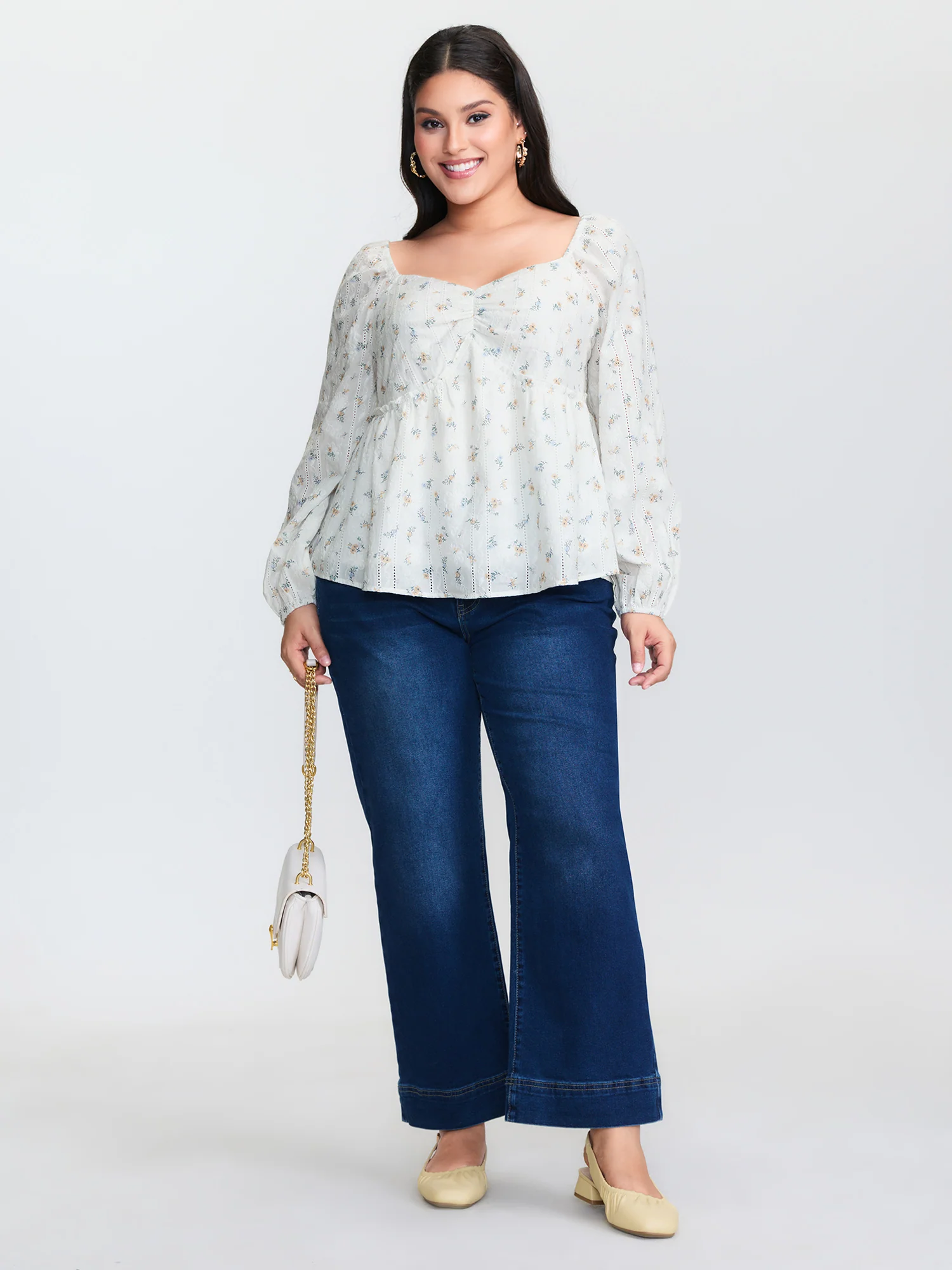 Cotton Floral Sweetheart Neckline Ruched Blouse - Image 3