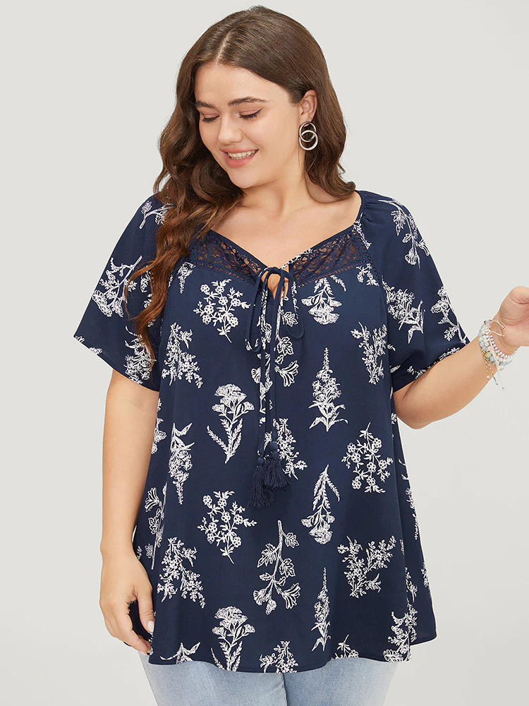 Floral Tassels Tie Neck Contrast Lace  Blouse - Image 2