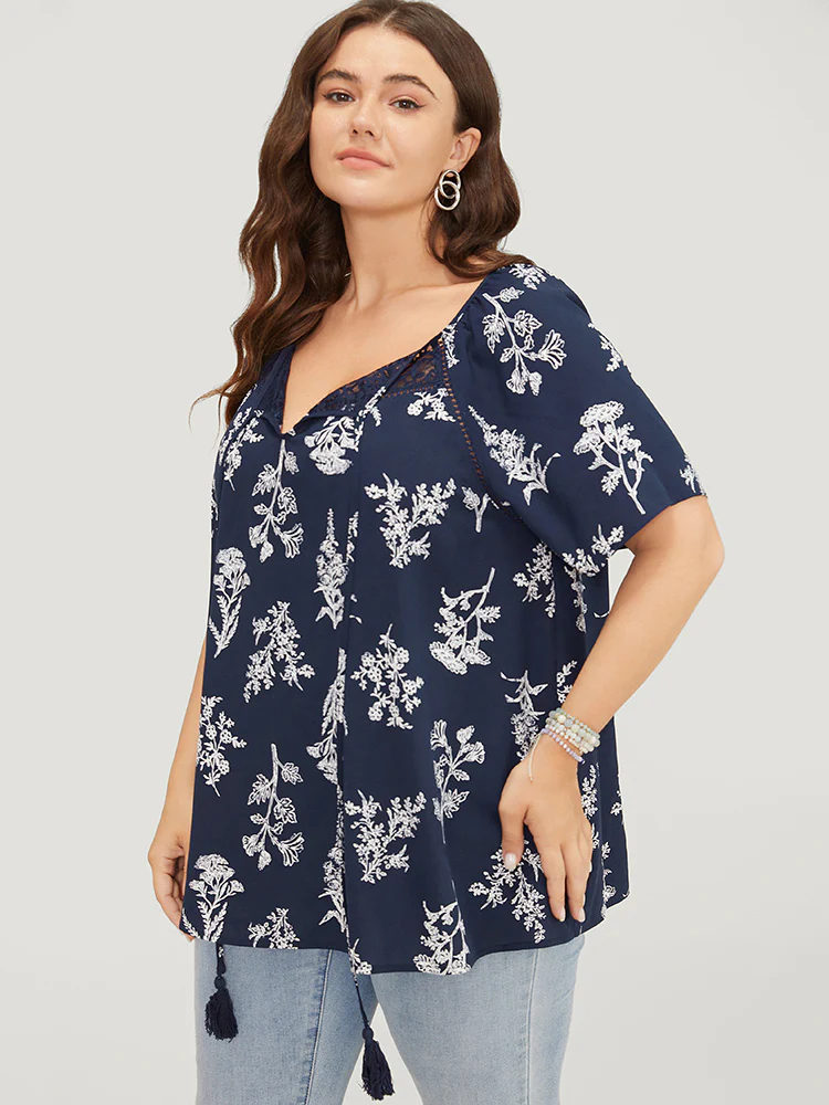Floral Tassels Tie Neck Contrast Lace  Blouse - Image 4