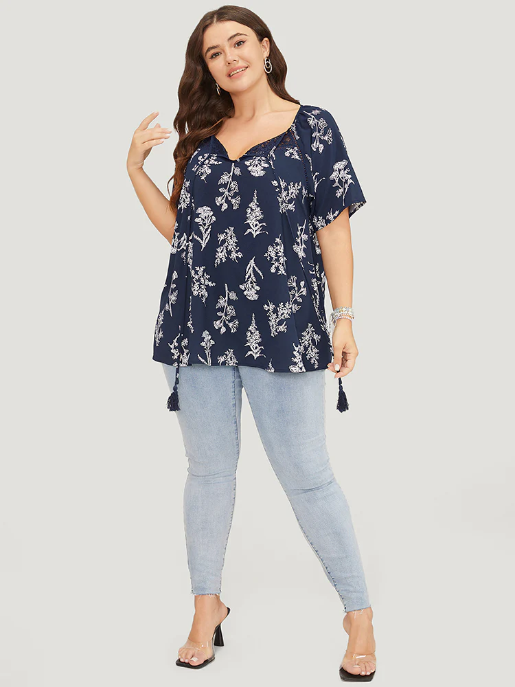 Floral Tassels Tie Neck Contrast Lace  Blouse - Image 5