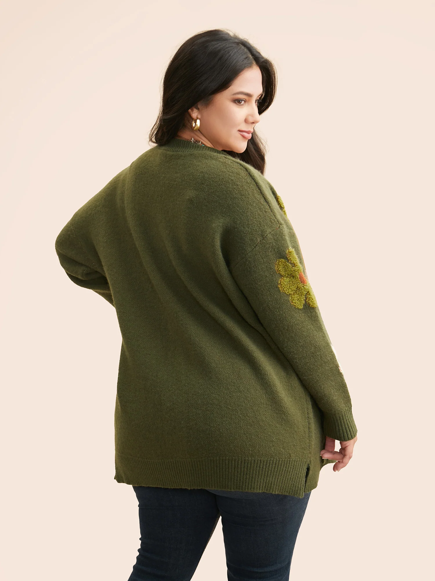 Floral Texture Slit Hem Patch Pocket Cardigan - Image 2