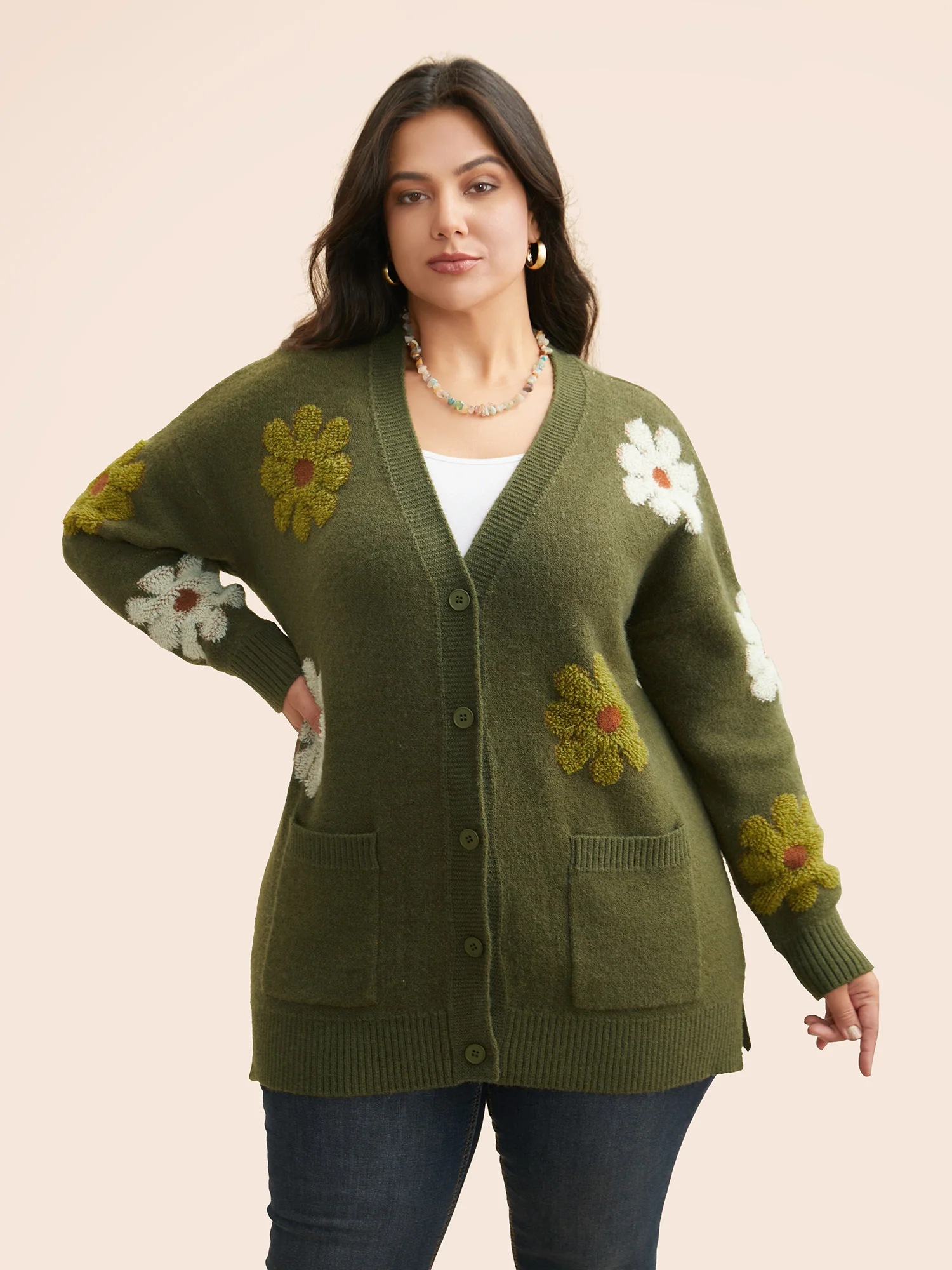 Floral Texture Slit Hem Patch Pocket Cardigan - Image 3