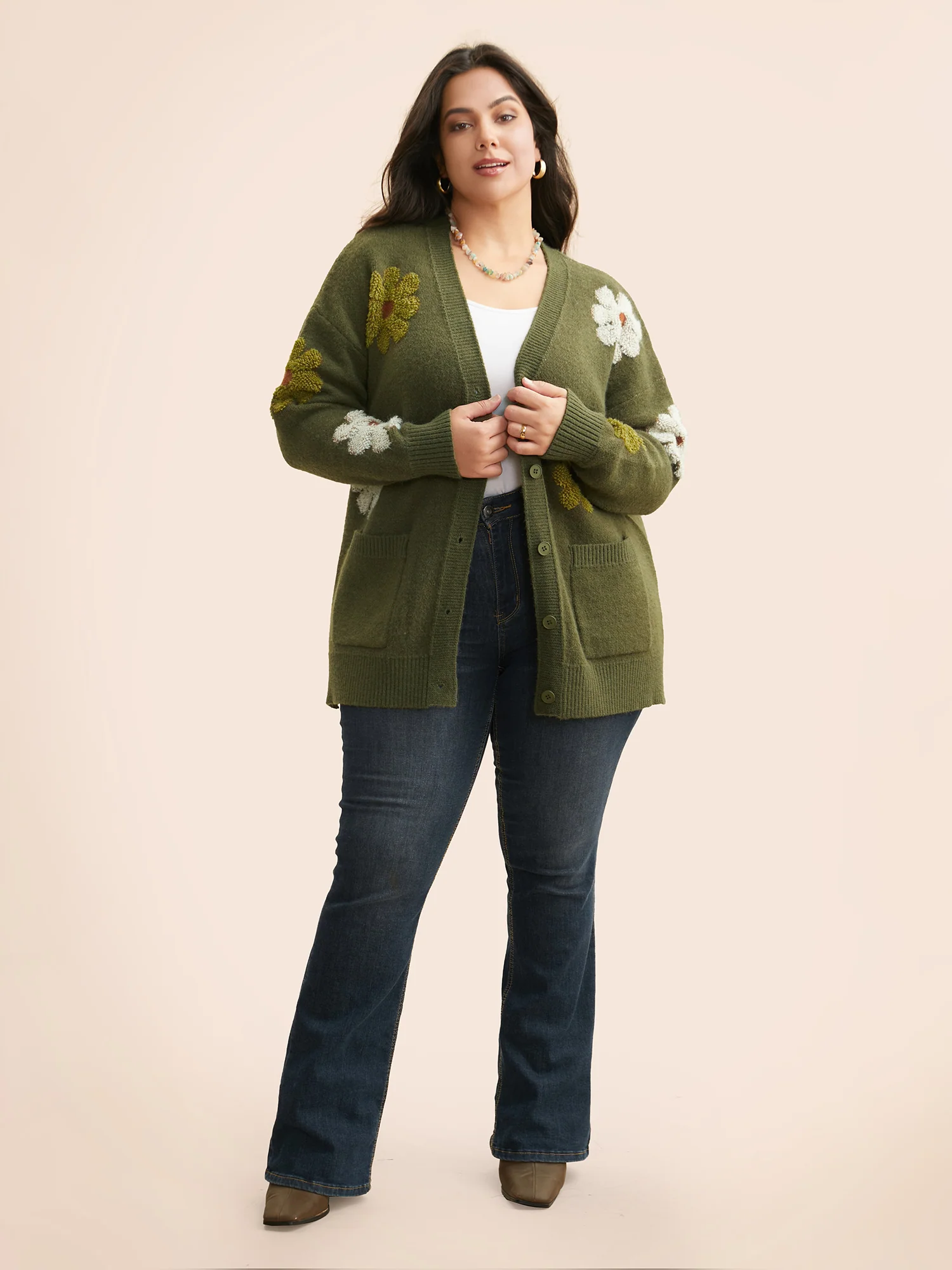 Floral Texture Slit Hem Patch Pocket Cardigan - Image 4