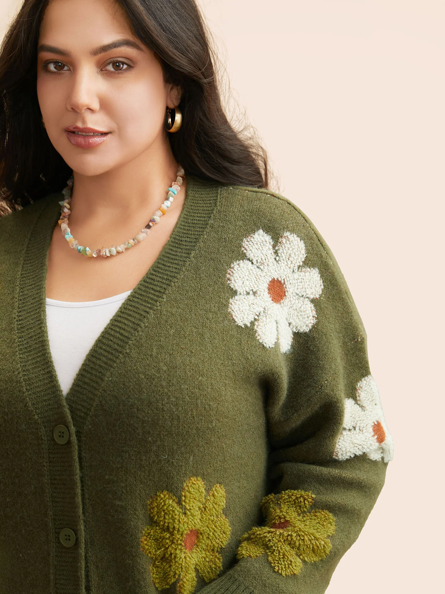 Floral Texture Slit Hem Patch Pocket Cardigan - Image 5