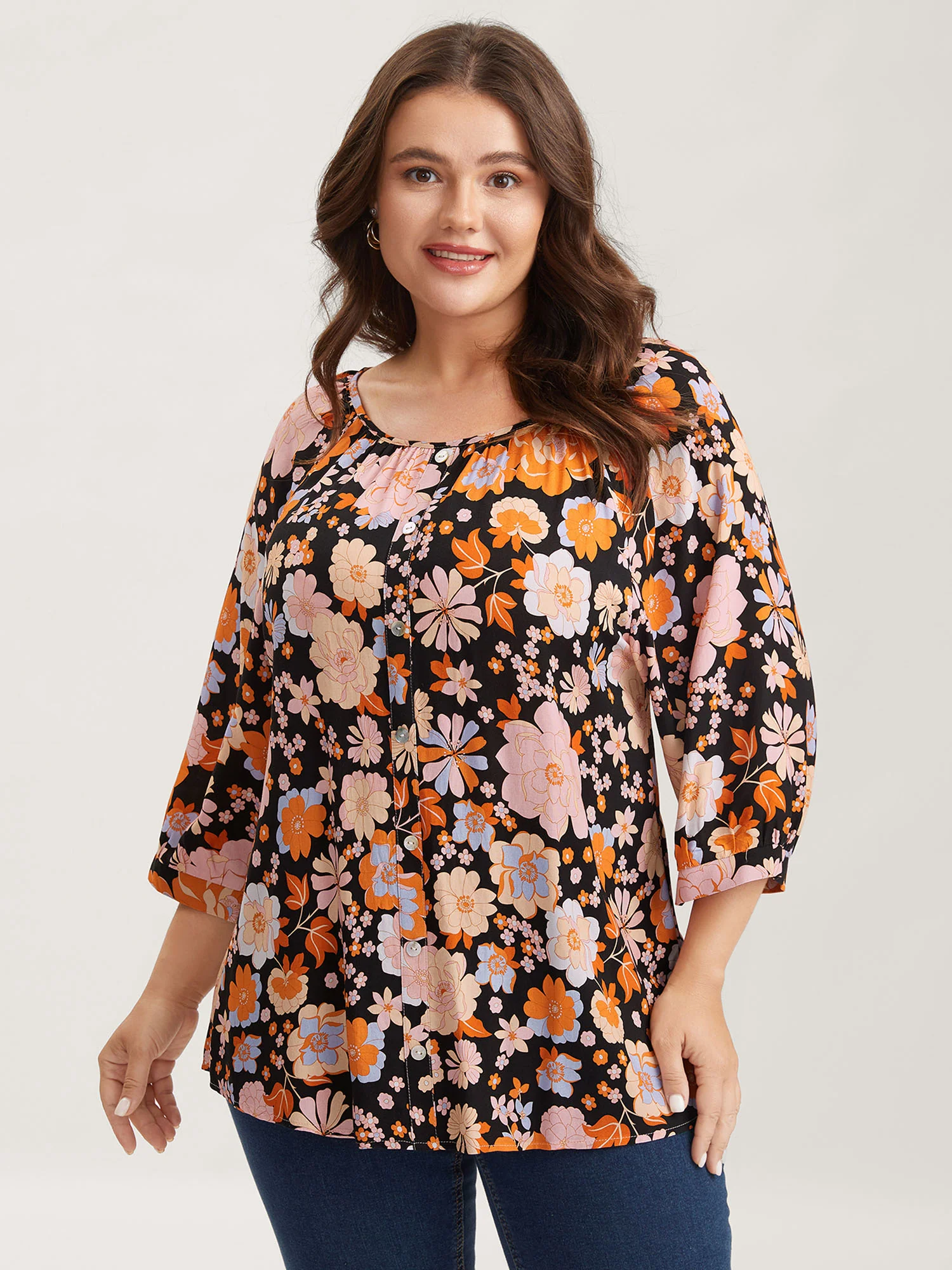 Floral Textured Button Placket Blouse